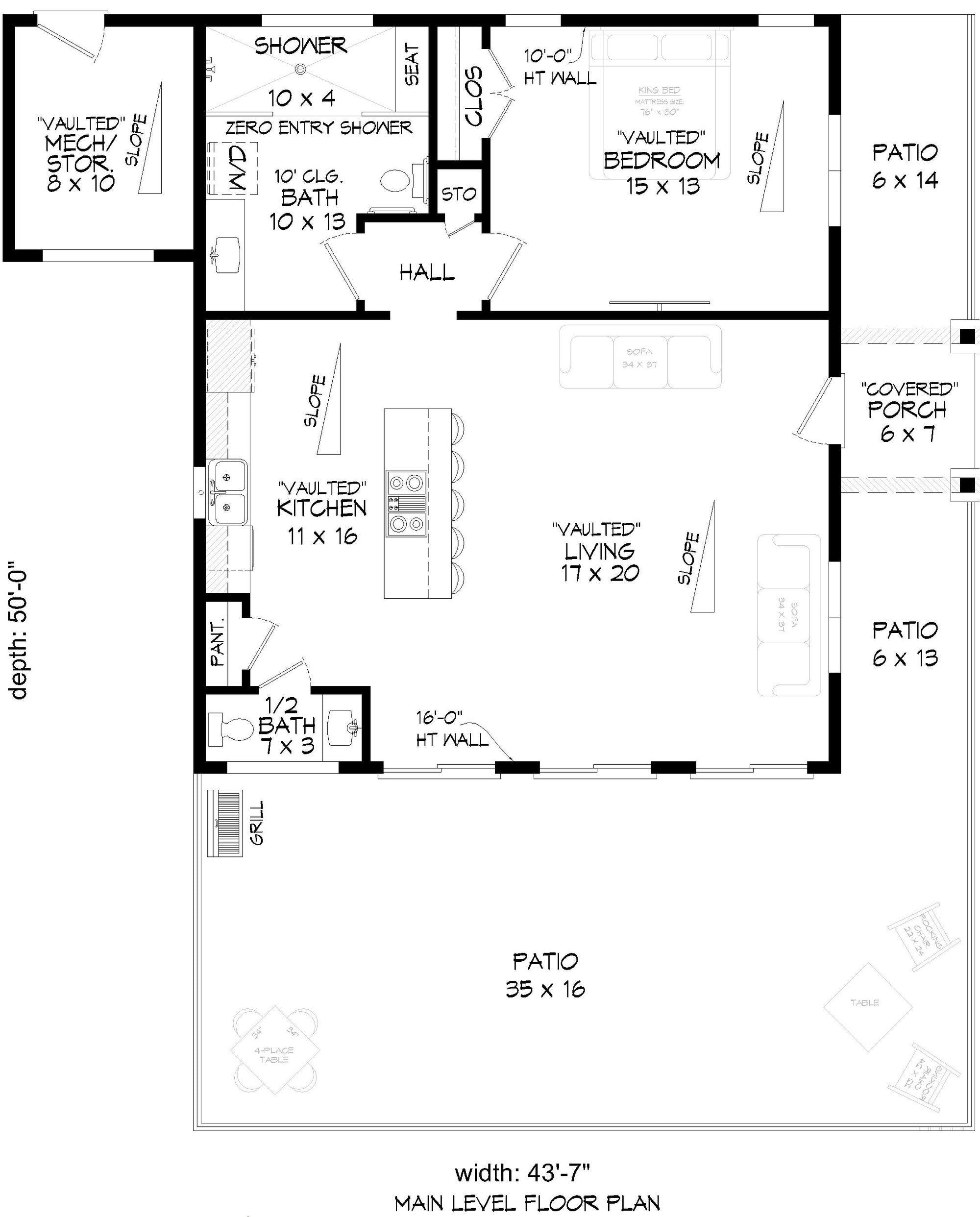 L7913-A Contemporary House First Floor Plan, 1 Bedroom, 1 Bathroom | Fort Spring Overlook