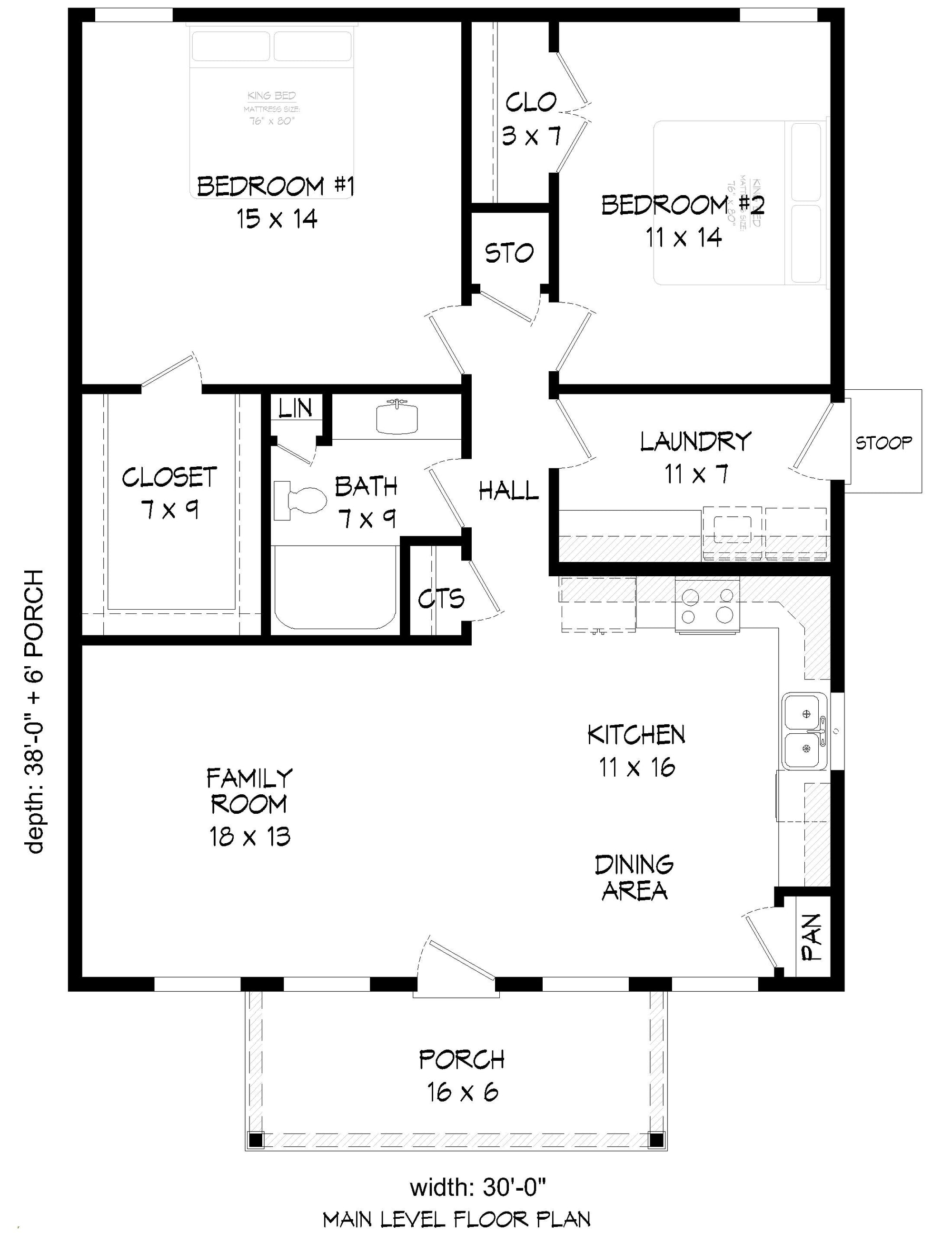 L7916-A Country House First Floor Plan, 2 Bedrooms, 1 Bathroom | Buffalo Farms