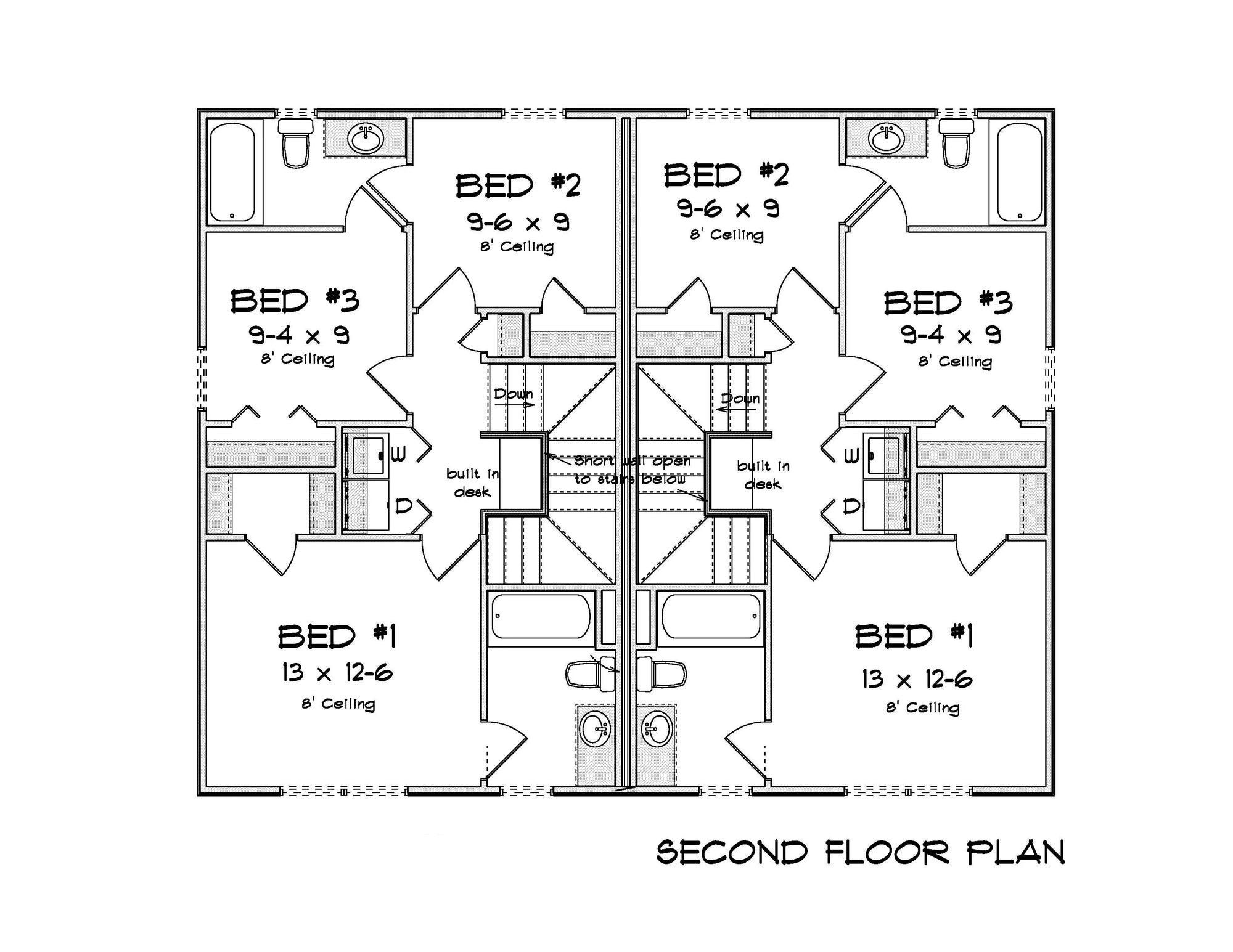 J7249-E Whispering Pines House Duplex Second Floor Plan 6 Bed 4 Baths, 2 Half Baths
