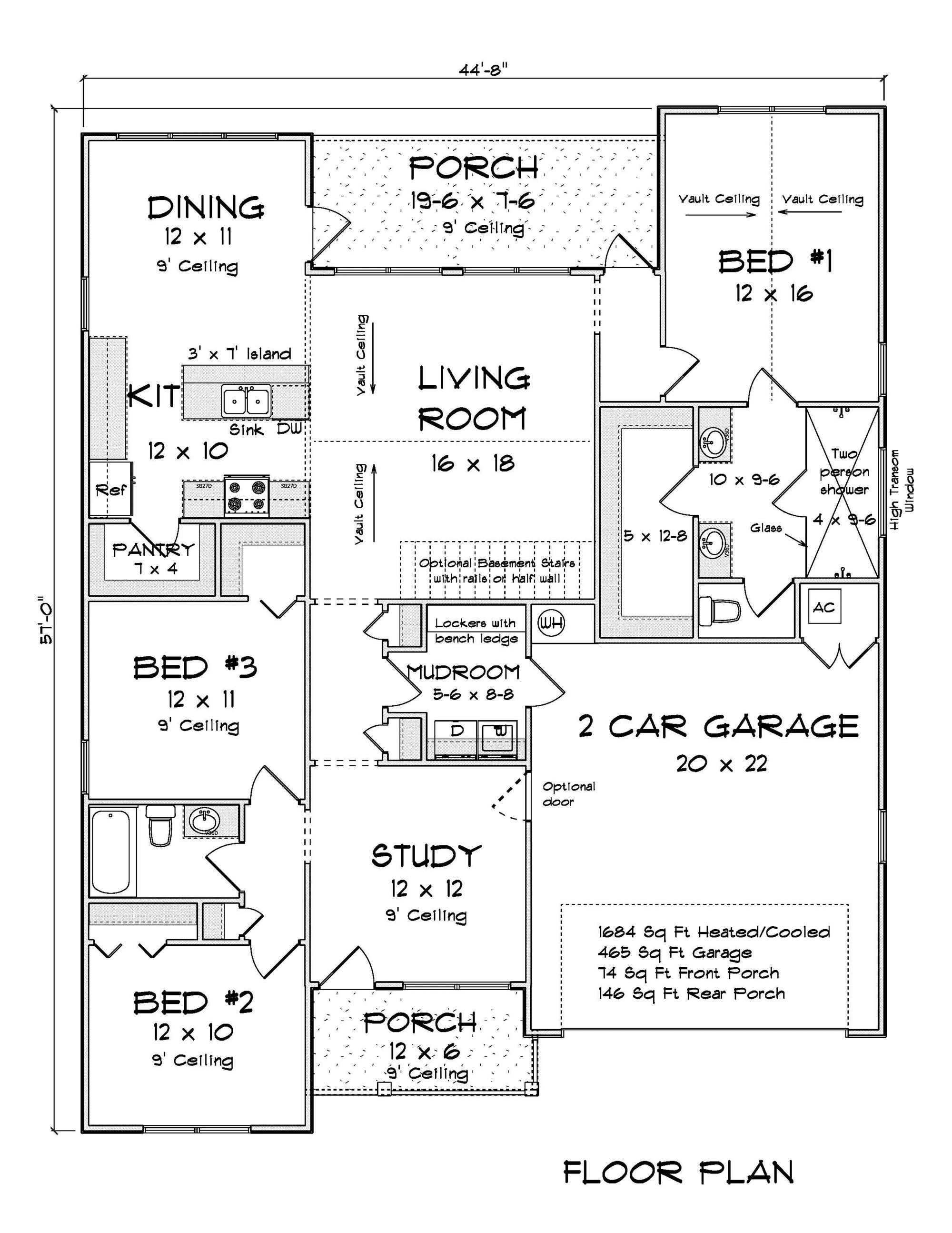 J7403-E 24595 House First
Floor Plan 3 Beds 2 Baths