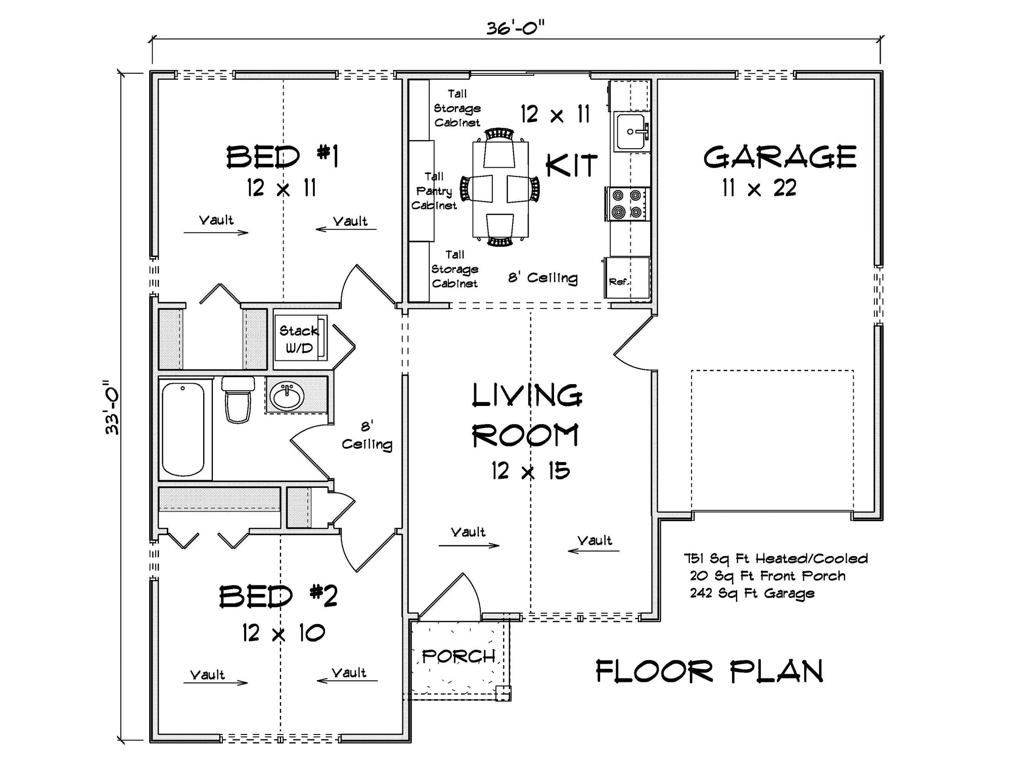 J7421-E 24601 House First Floor Plan 2 Beds 1 Bath