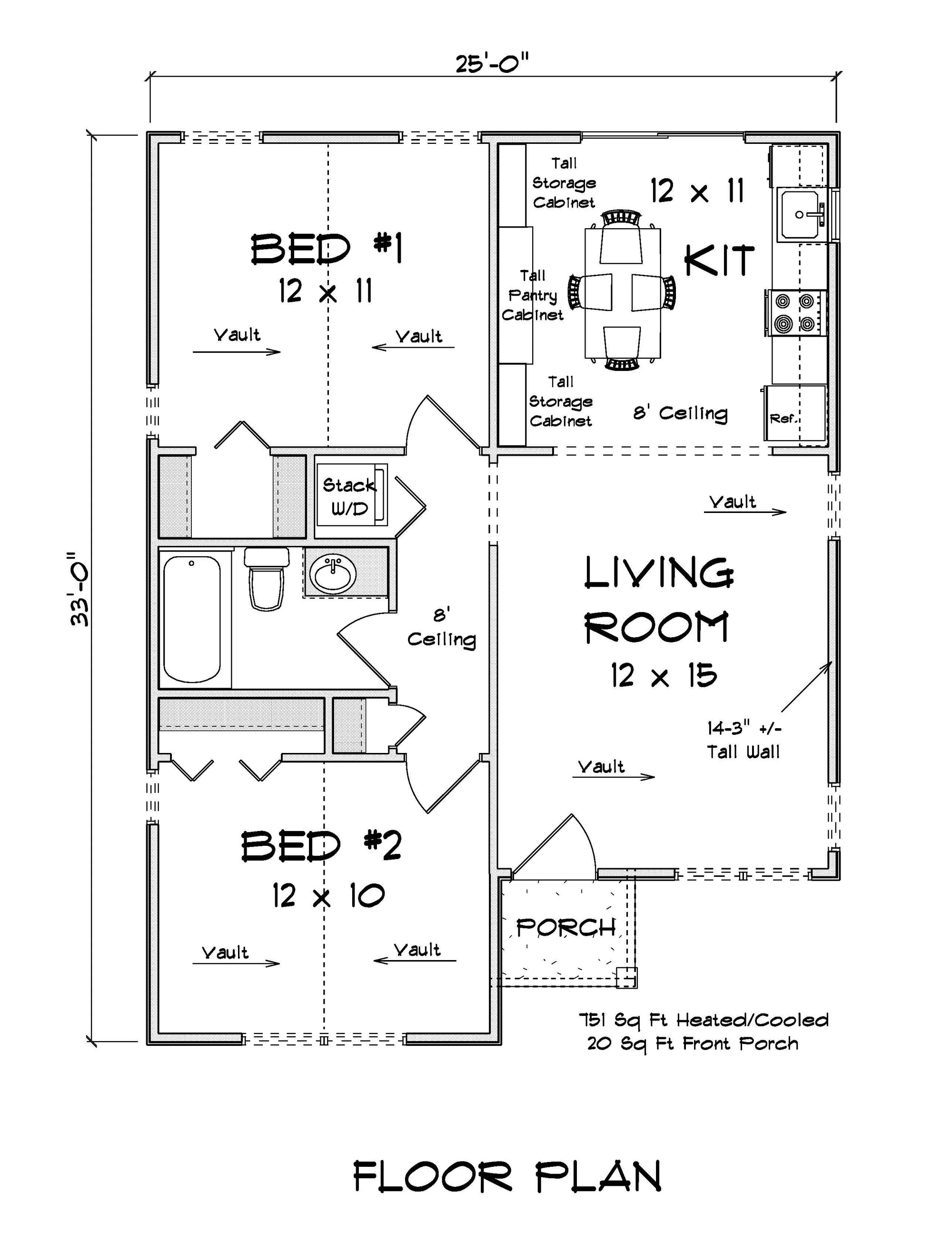 J7425-E 24605 House First Floor Plan 2 Beds 1 Bath