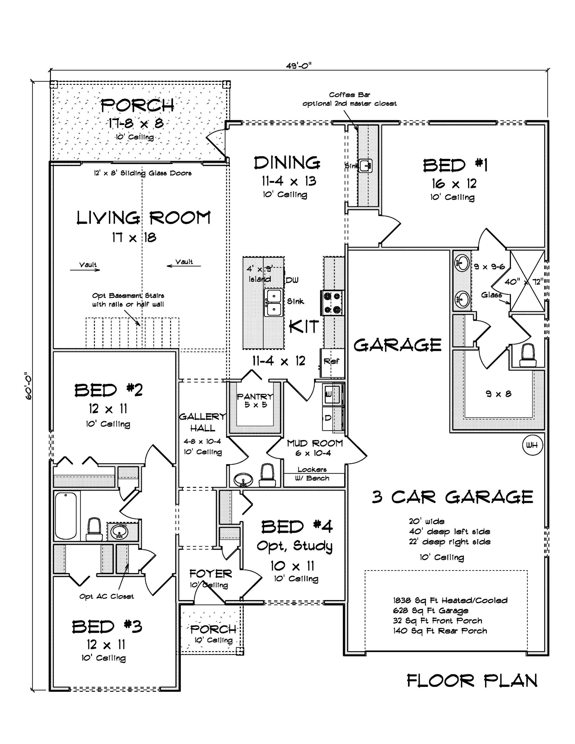 J7742-E Cottage House First Floor Plan, 4 Bedrooms, 2.5 Bathrooms | Plan 24629