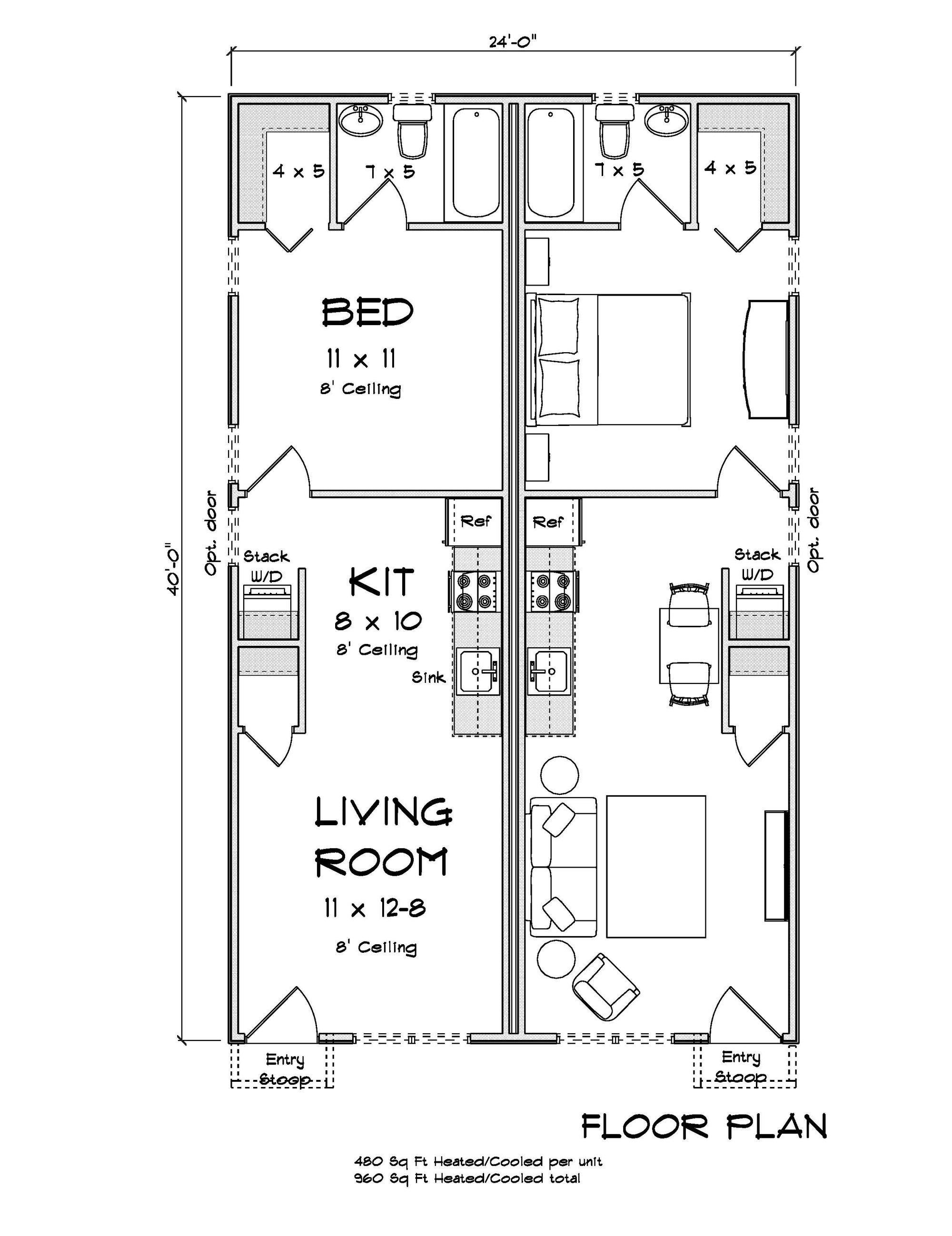 J7860-E Cottage Duplex House First Floor Plan, 1 Bedroom, 1 Bathroom | Meadowlawn
