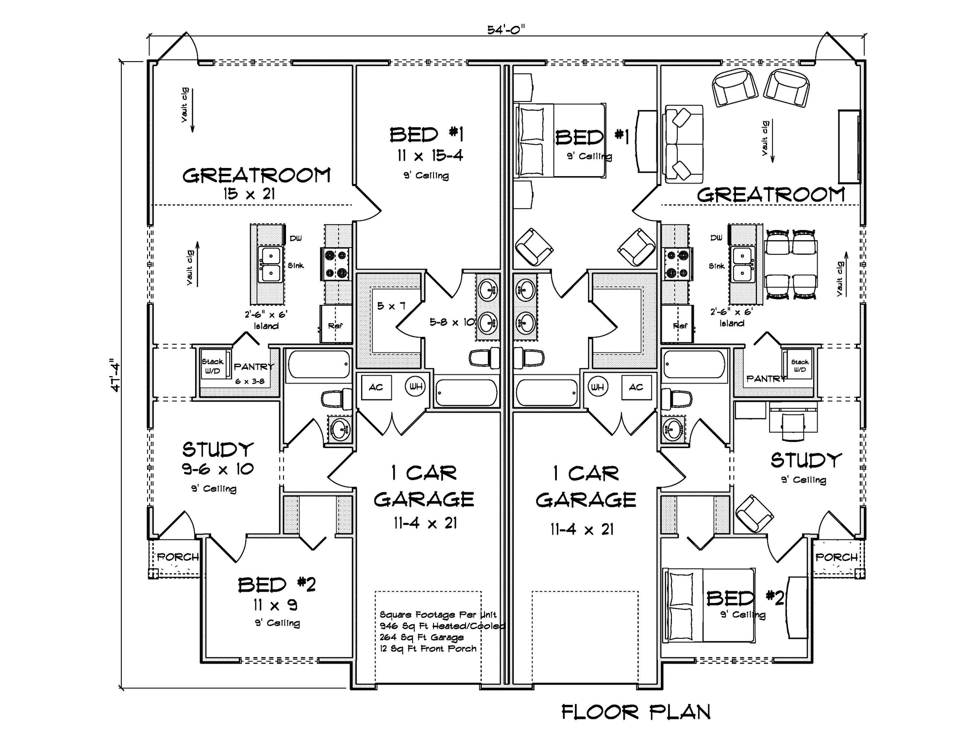 J7863-E Cottage Duplex House First Floor Plan, 2 Bedrooms, 2 Bathrooms per unit | Aldercrest 24637
