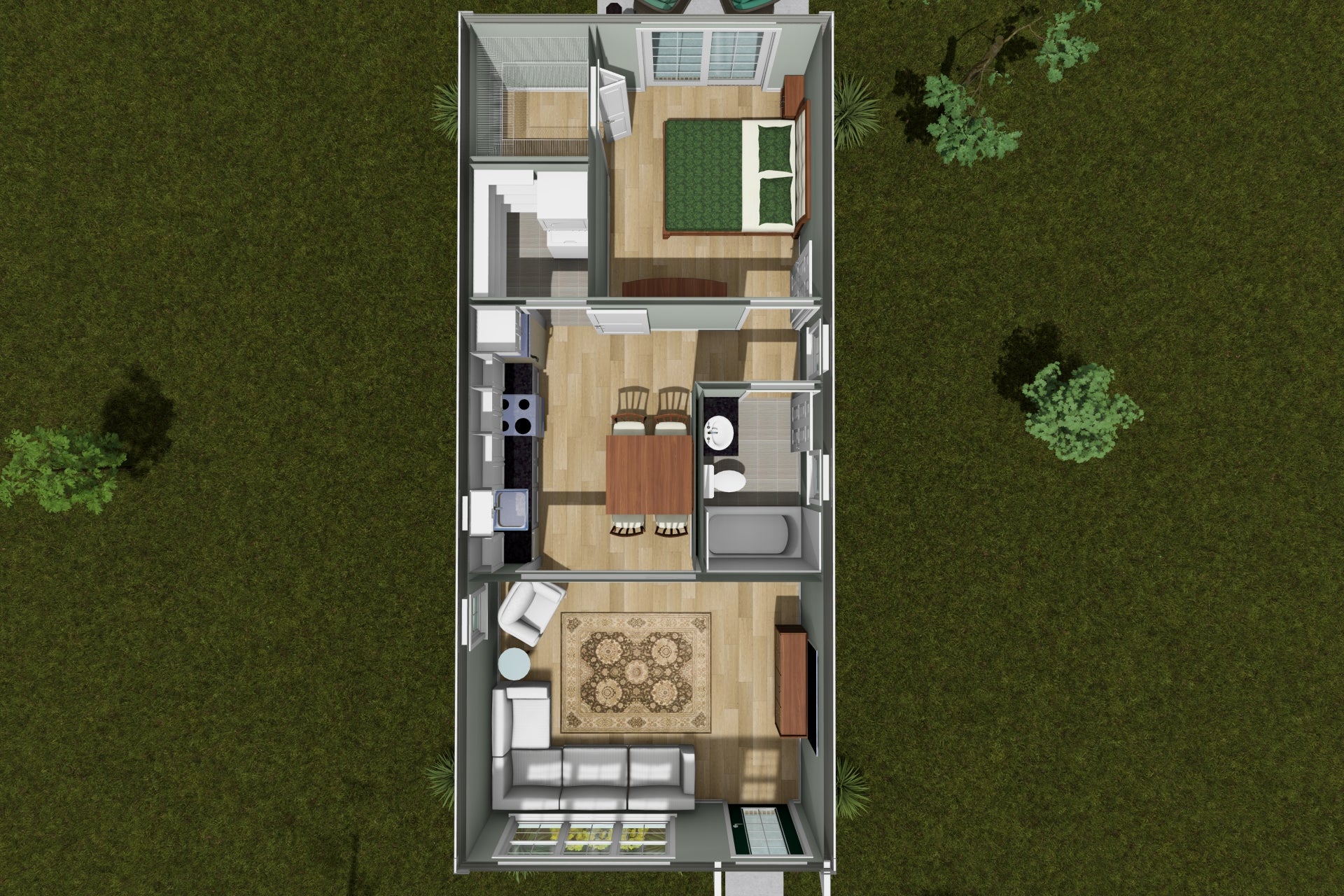 J7922-E Cottage House 3D Floor Plan, 1 Bedroom, 1 Bathroom | Plan 24641