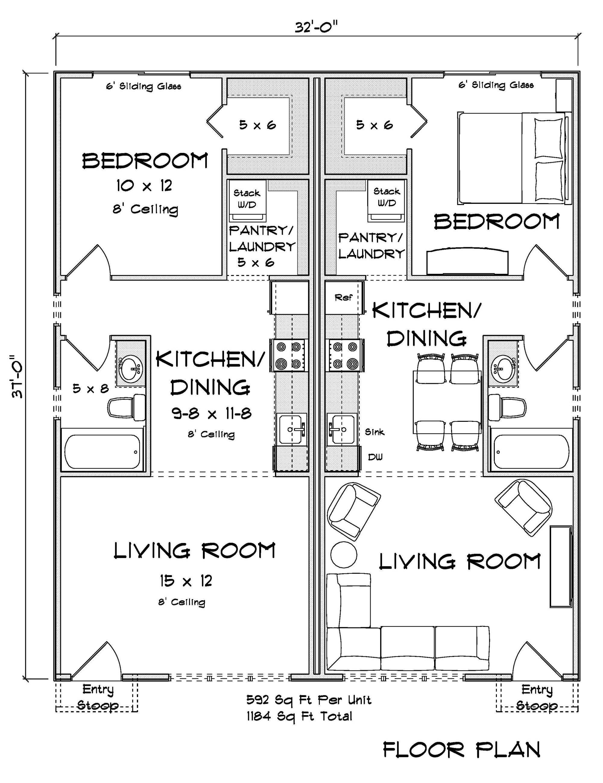 J7924-E Craftsman Duplex House First Floor Plan, 2 Bedrooms, 2 Bathrooms | Plan 24643