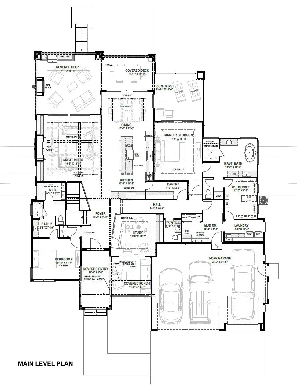 W7606-A Modern Ranch House First Floor Plan, 2 Bedrooms, 2.5 Bathrooms | USA-2725-MOD