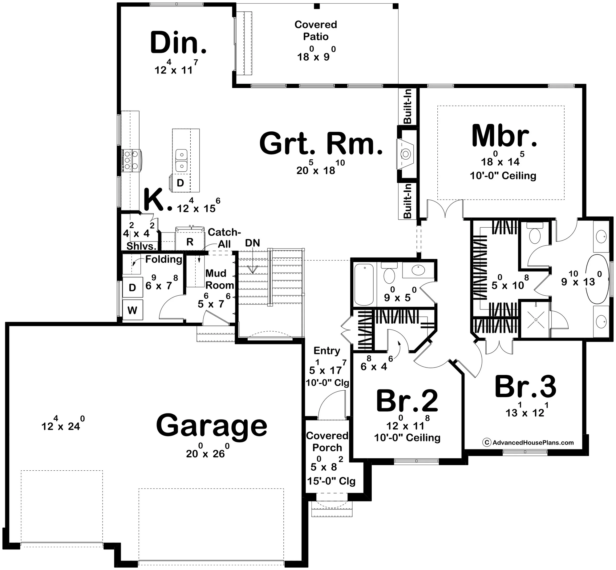 G7620-A Traditional House First Floor Plan, 3 Bedrooms, 2 Bathrooms | Torrance House Plan