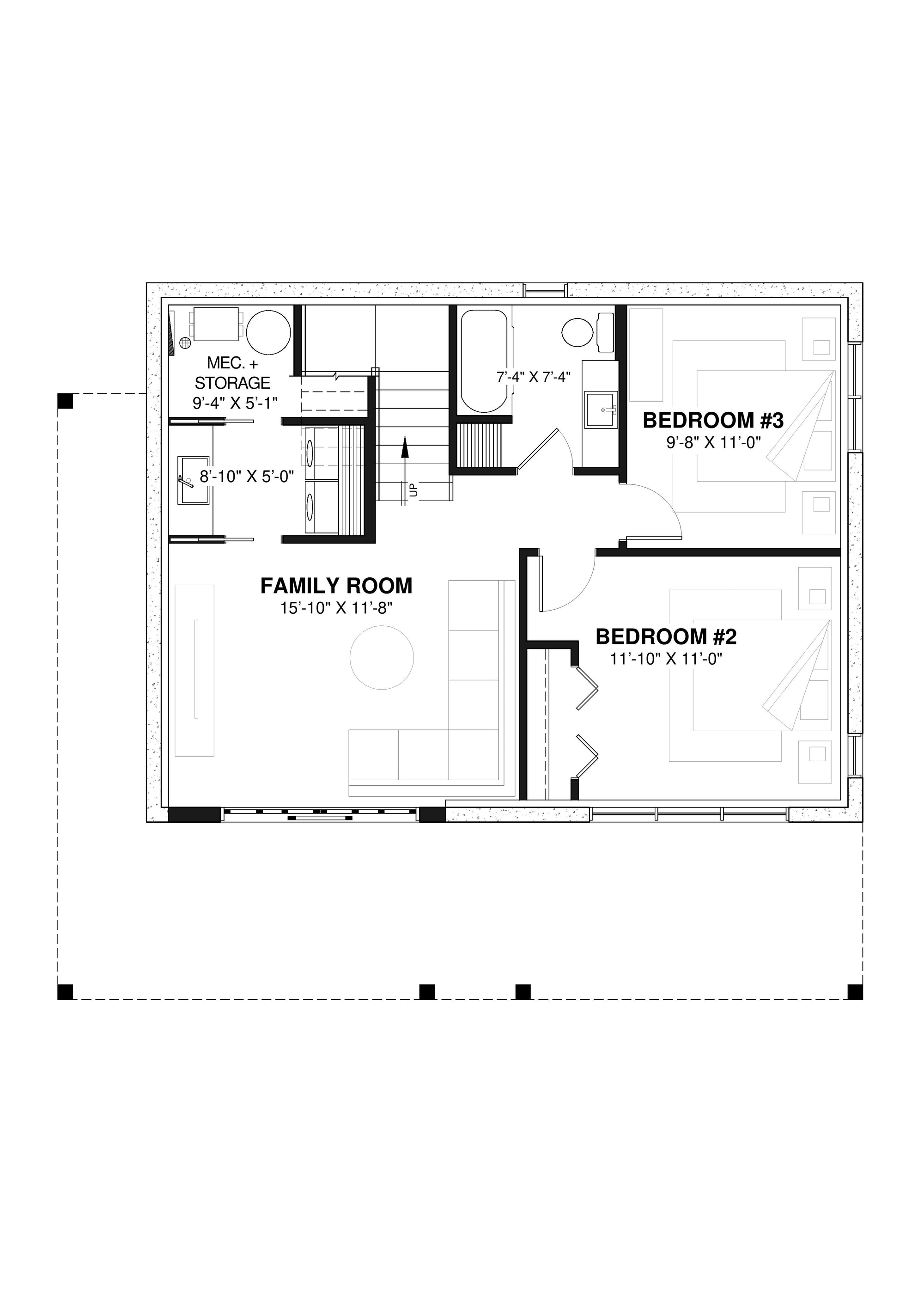 T8030-A Cottage House Basement Floor Plan, 3 Bedrooms, 2 Bathrooms | Skybridge 4 2942