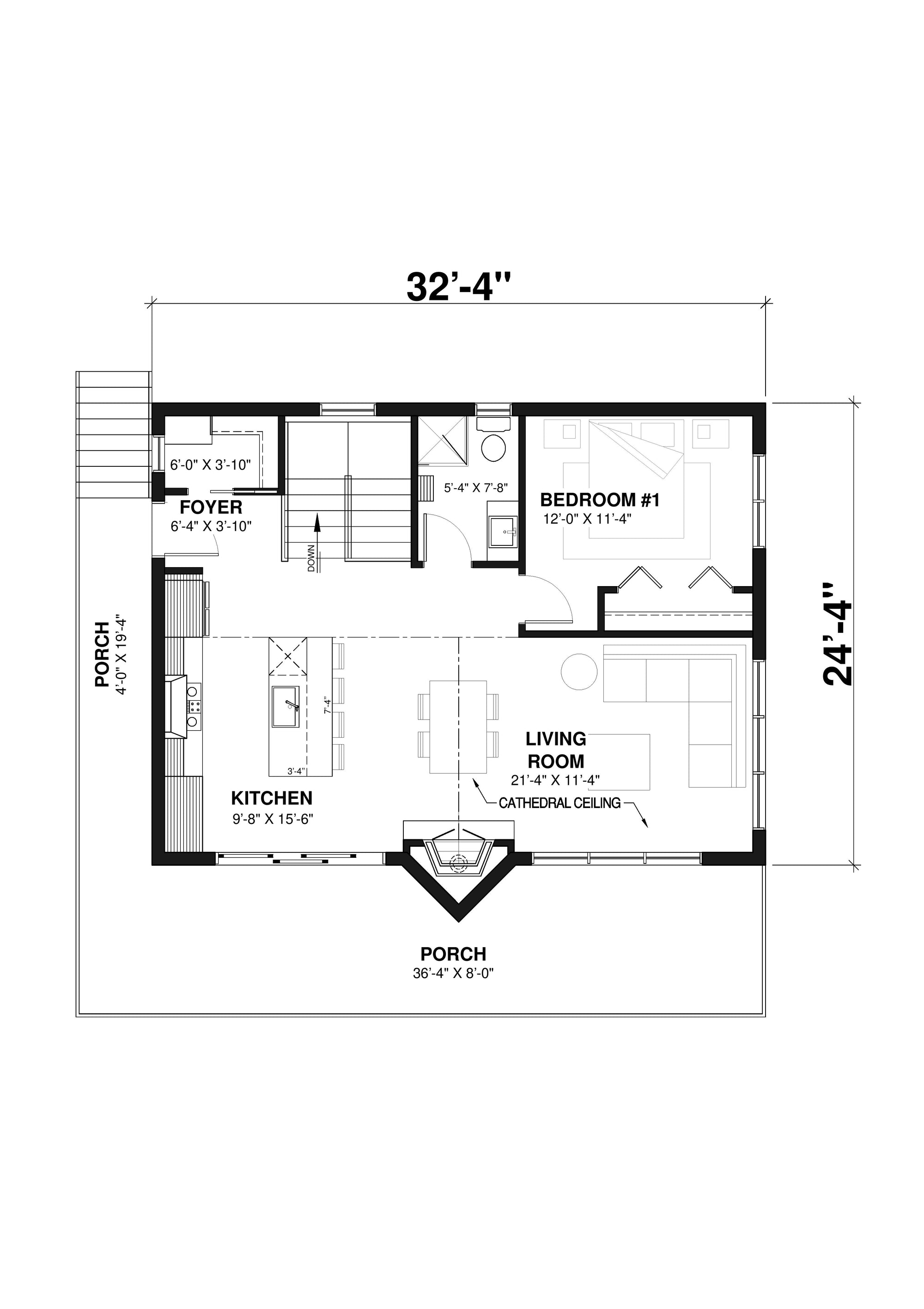 T8030-A Cottage House First Floor Plan, 3 Bedrooms, 2 Bathrooms | Skybridge 4 2942