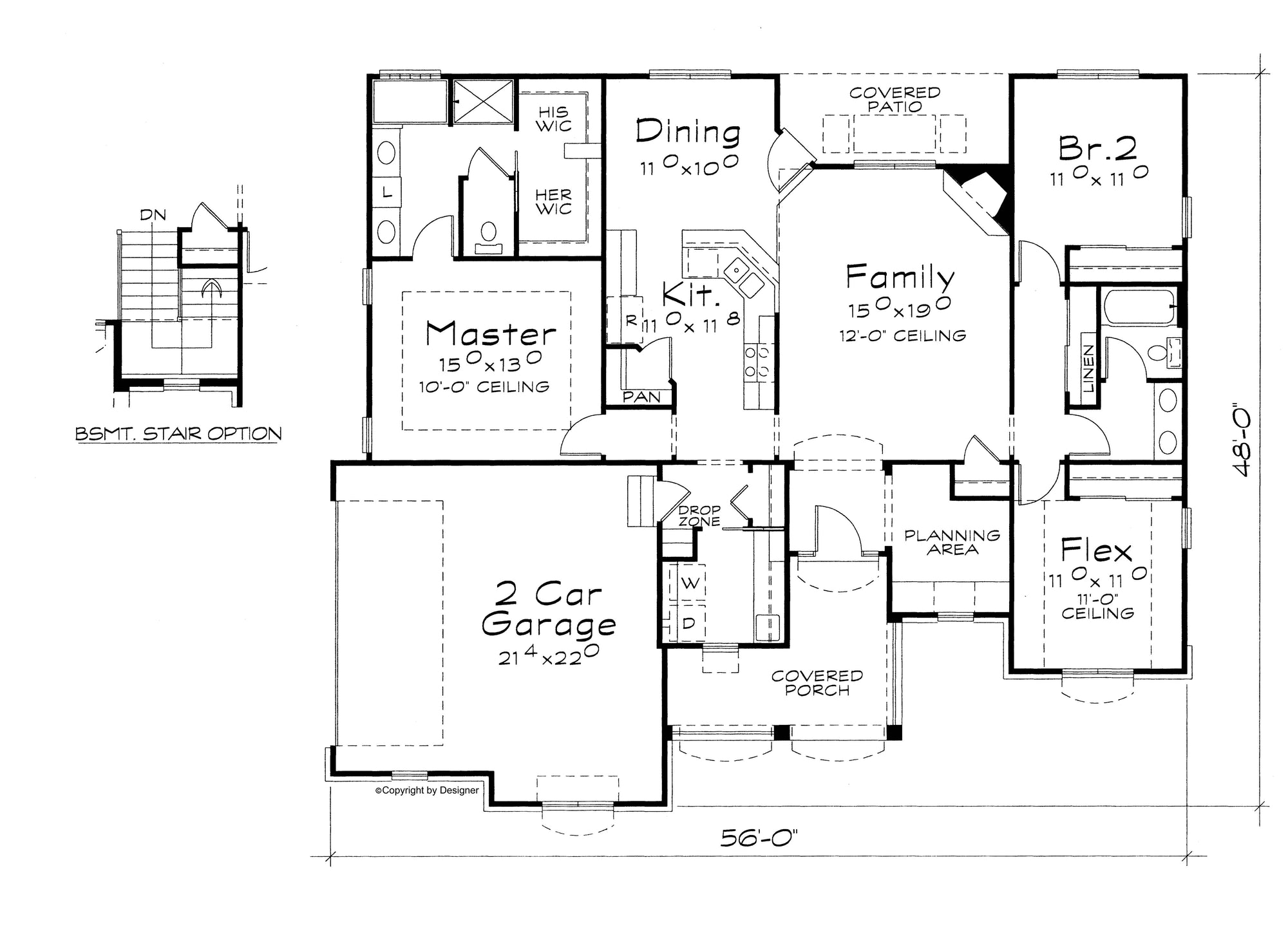 AB7774-A Traditional House First Floor Plan and Basement Stair Location, 2 or 3 Bedrooms, 2 Bathrooms | Terrell House Plan