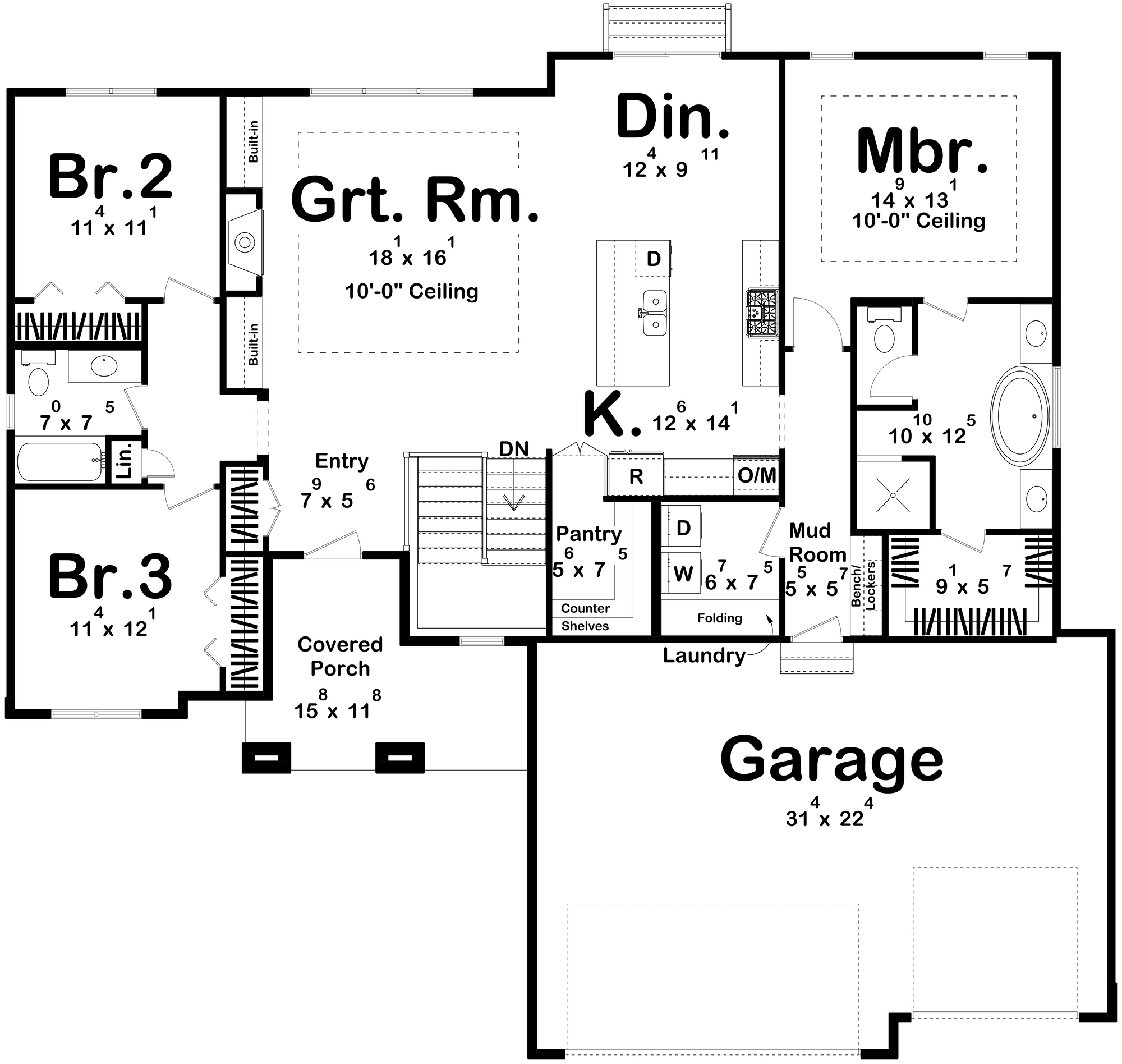 G7890-A Prairie House First Floor Plan, 3 Bedrooms, 2 Bathrooms | Pacific Woods 29676