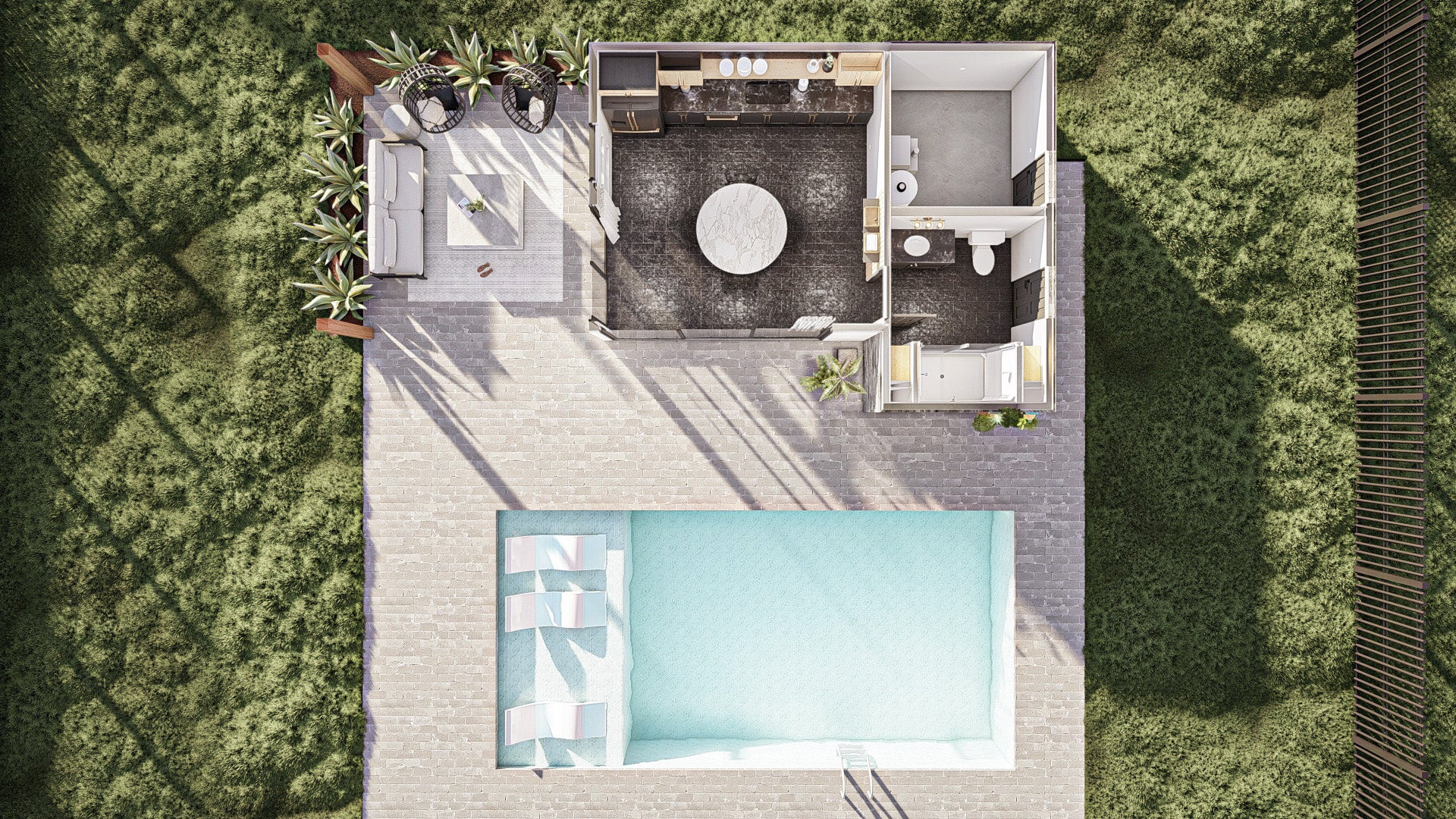 G7907-A Modern Pool House with Bathroom 3D Floor Plan | Albany Flats 30256