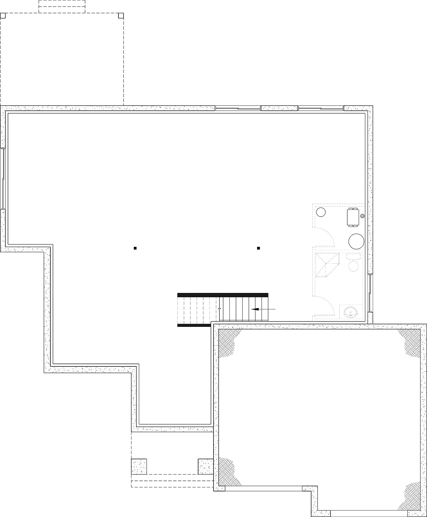 T8014-A Transitional House Basement Stair Location Floor Plan, 1 to 3 Bedrooms, 1.5 to 2.5 Bathrooms | Hubert 3