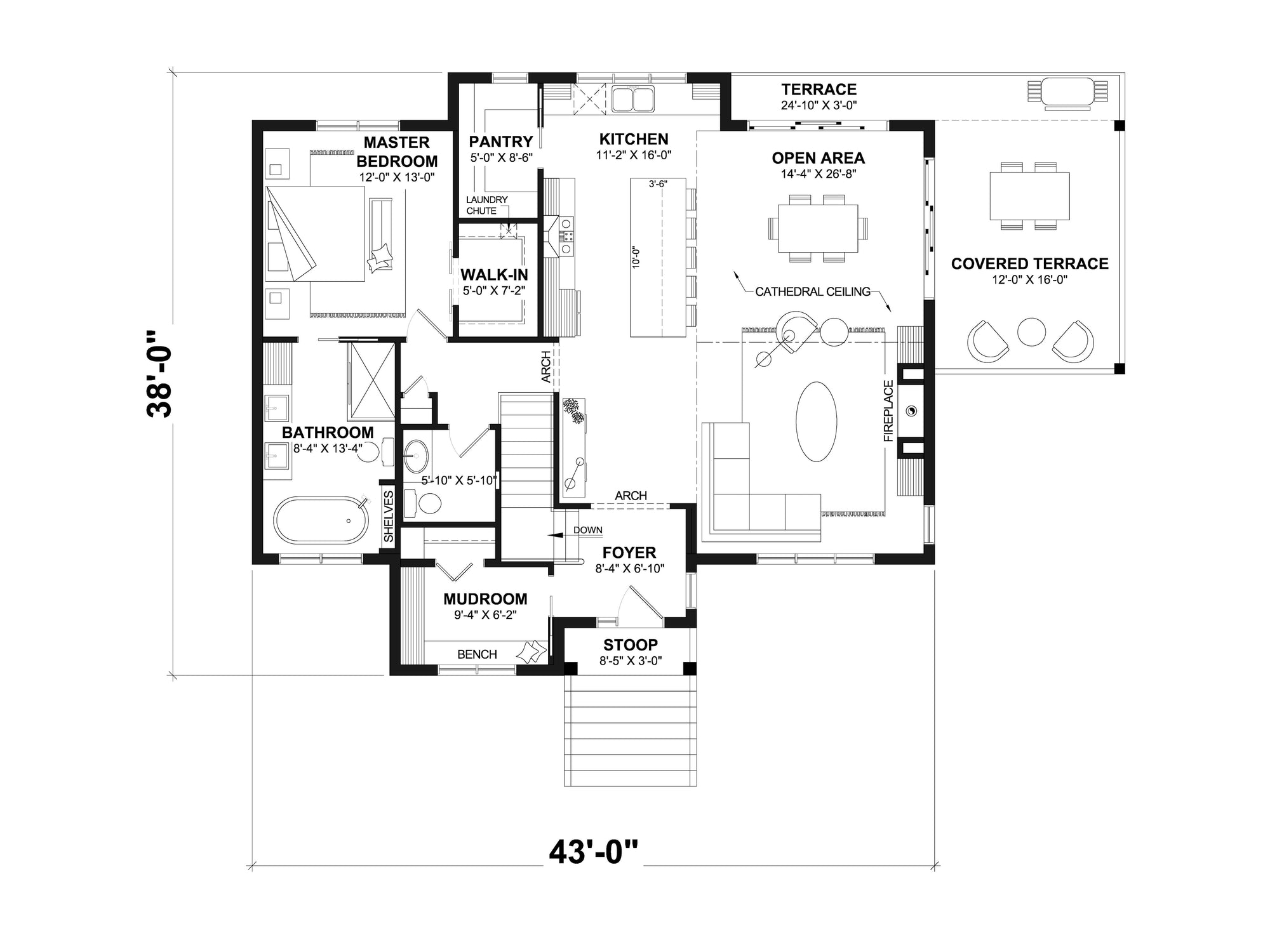 T8018-A Modern Farmhouse First Floor Plan, 1 Bedroom, 1.5 Bathrooms | Chatelain