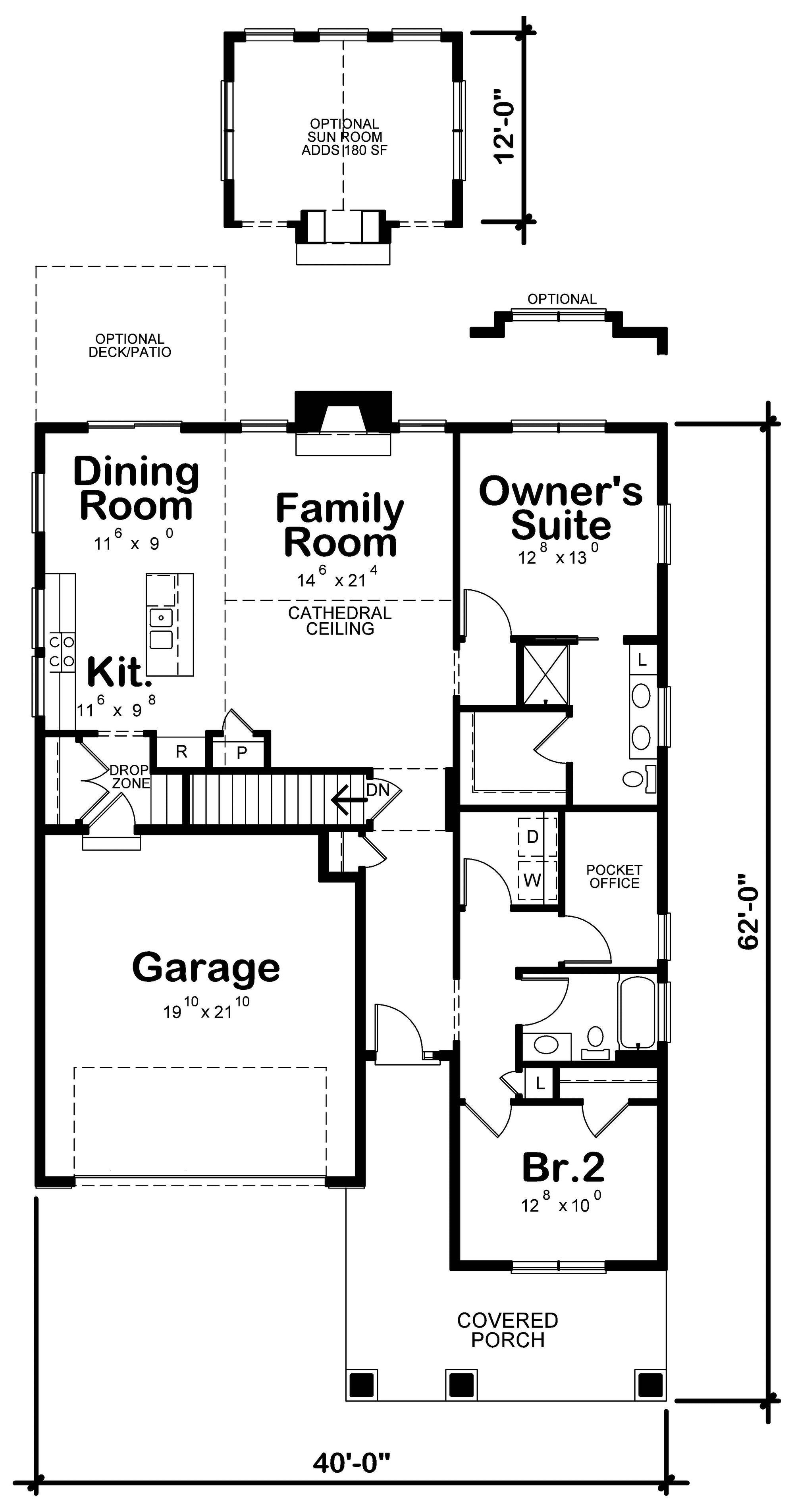AB7754-A Craftsman House First Floor Plan, 2 Bedrooms, 2 Bathrooms | Karsyn Springs