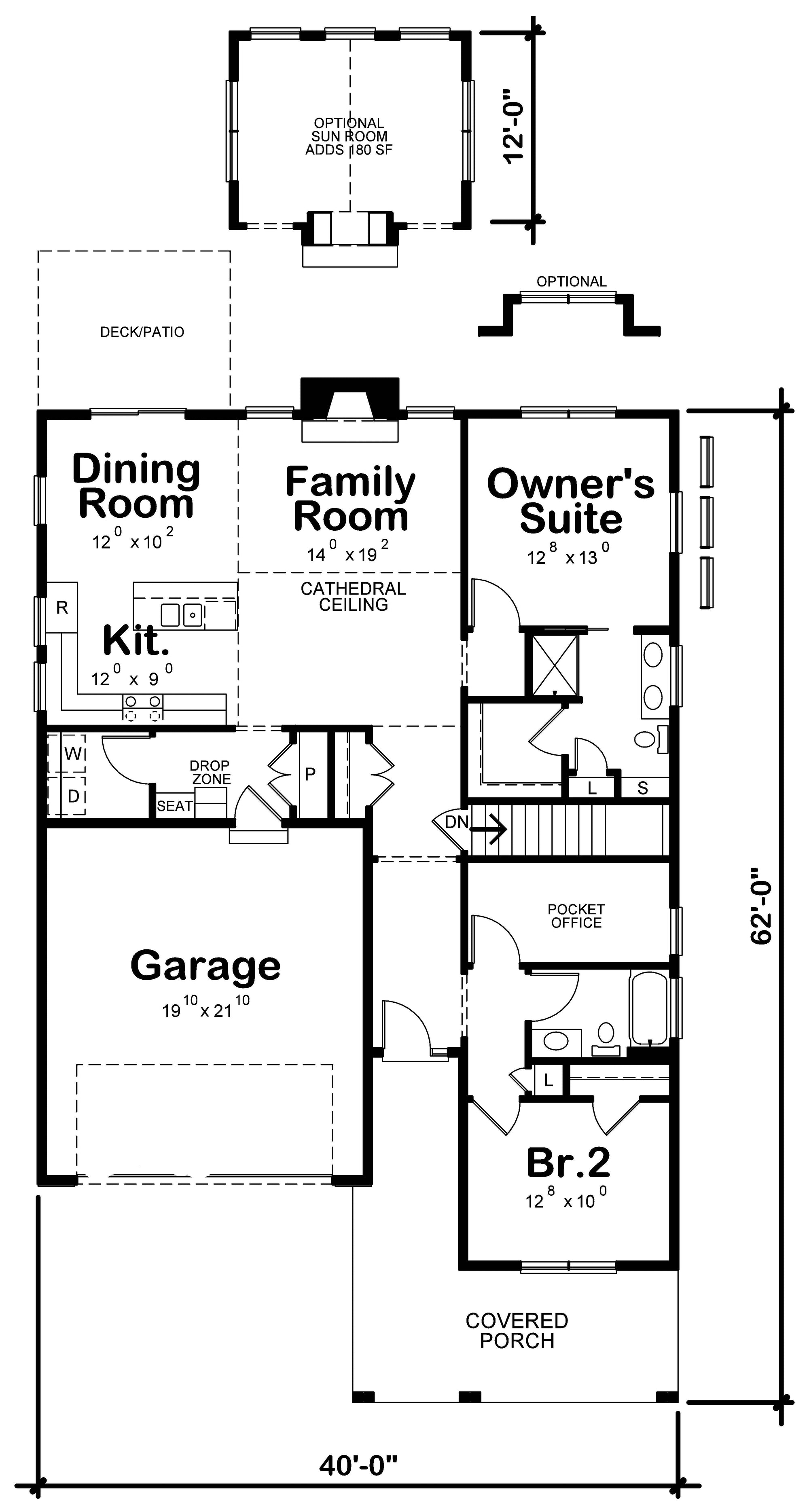 AB7756-A Traditional House First Floor Plan, 2 Bedrooms, 2 Bathrooms | Kate Knoll