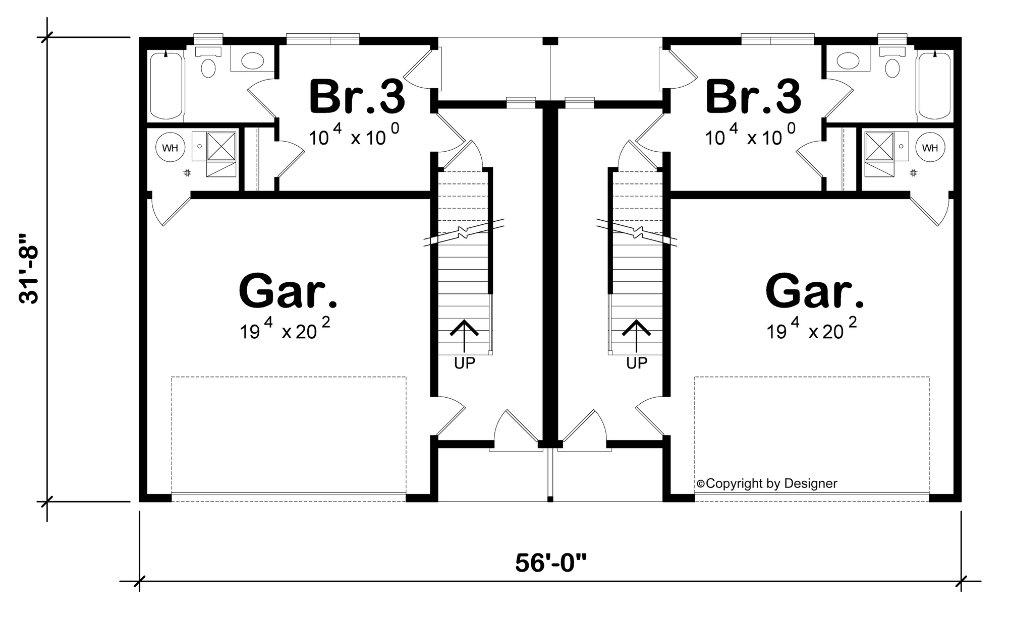 AB7616-A Contemporary Duplex House Lower Floor Plan, 3 Bedrooms, 3.5 Bathrooms | Julian Twin 42548