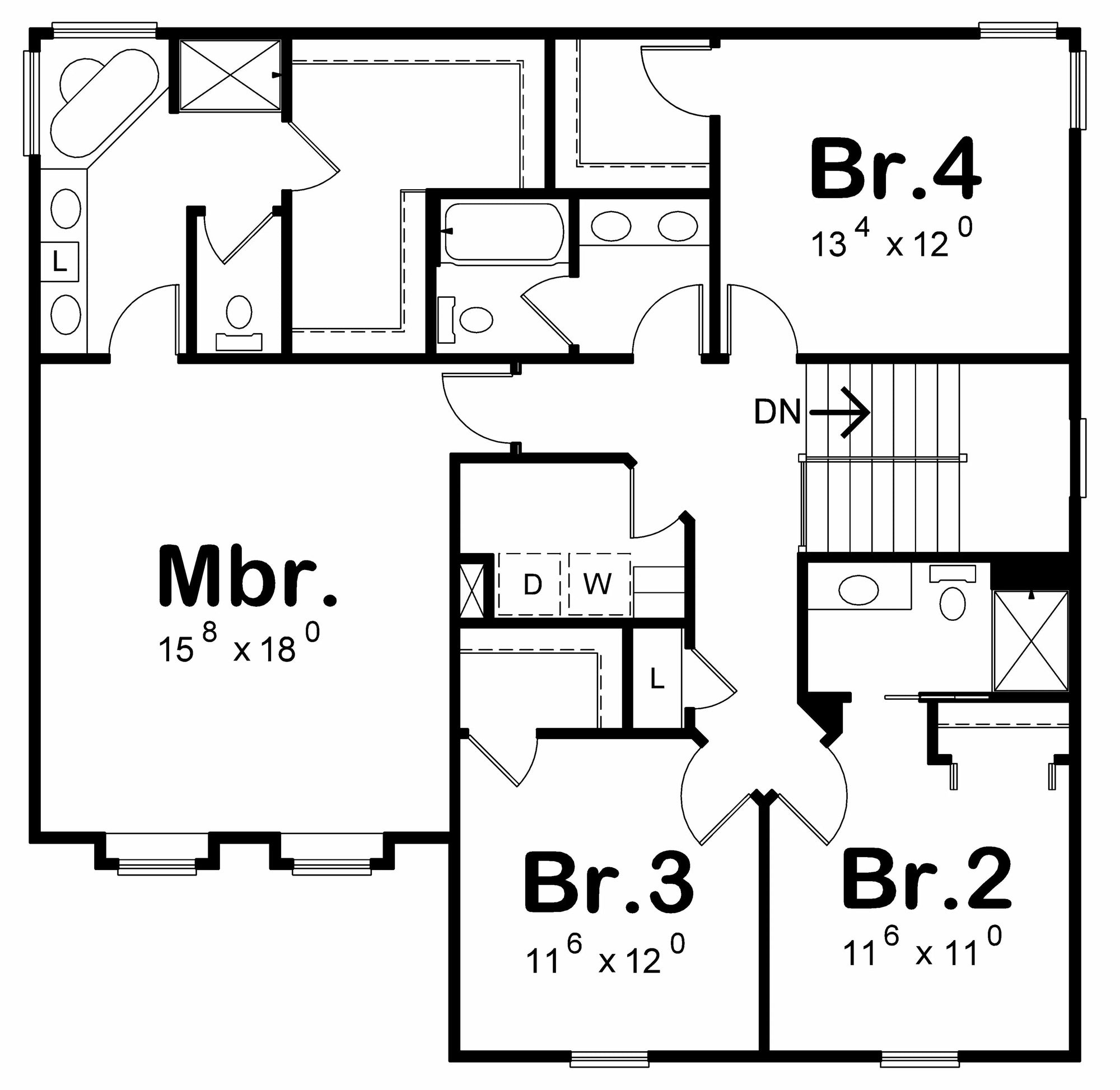AB7326-A Braiden House Second Floor Plan 4 Beds 4 Baths