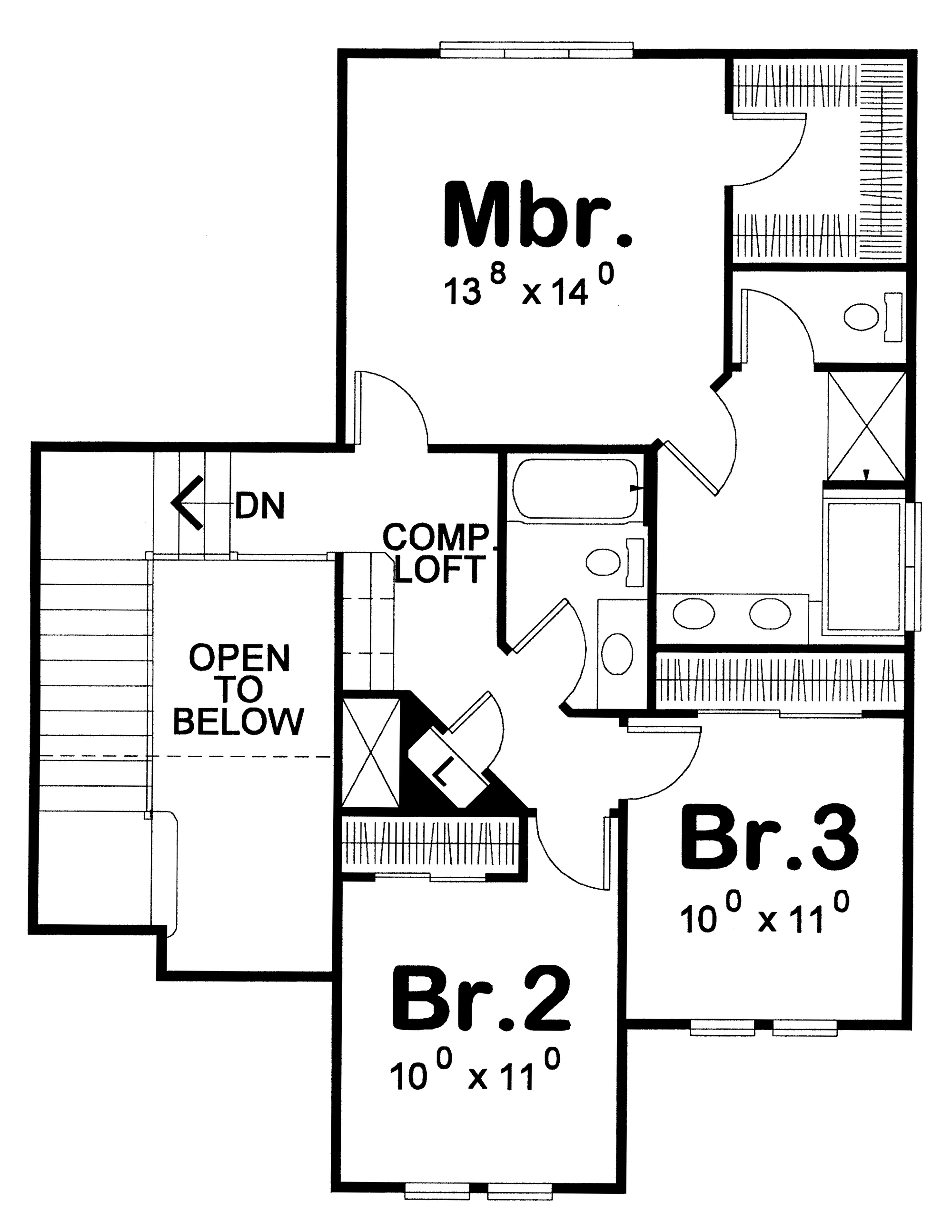 AB7955-A Craftsman House Second Floor Plan, 3 Bedrooms, 2.5 Bathrooms | West Chester 8619