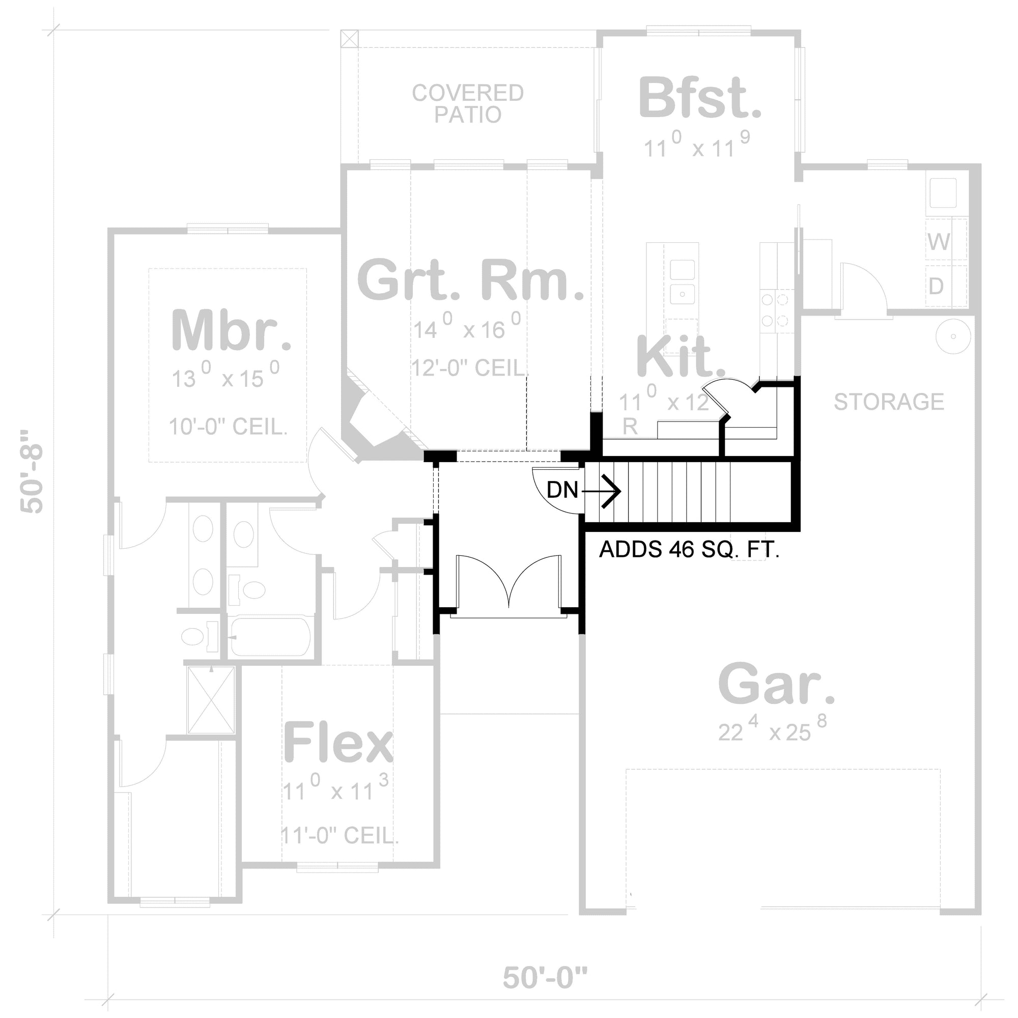 AB7950-A Contemporary House Basement Stair Location Floor Plan, 2 Bedrooms, 2 Bathrooms | Mandolin Place 9337