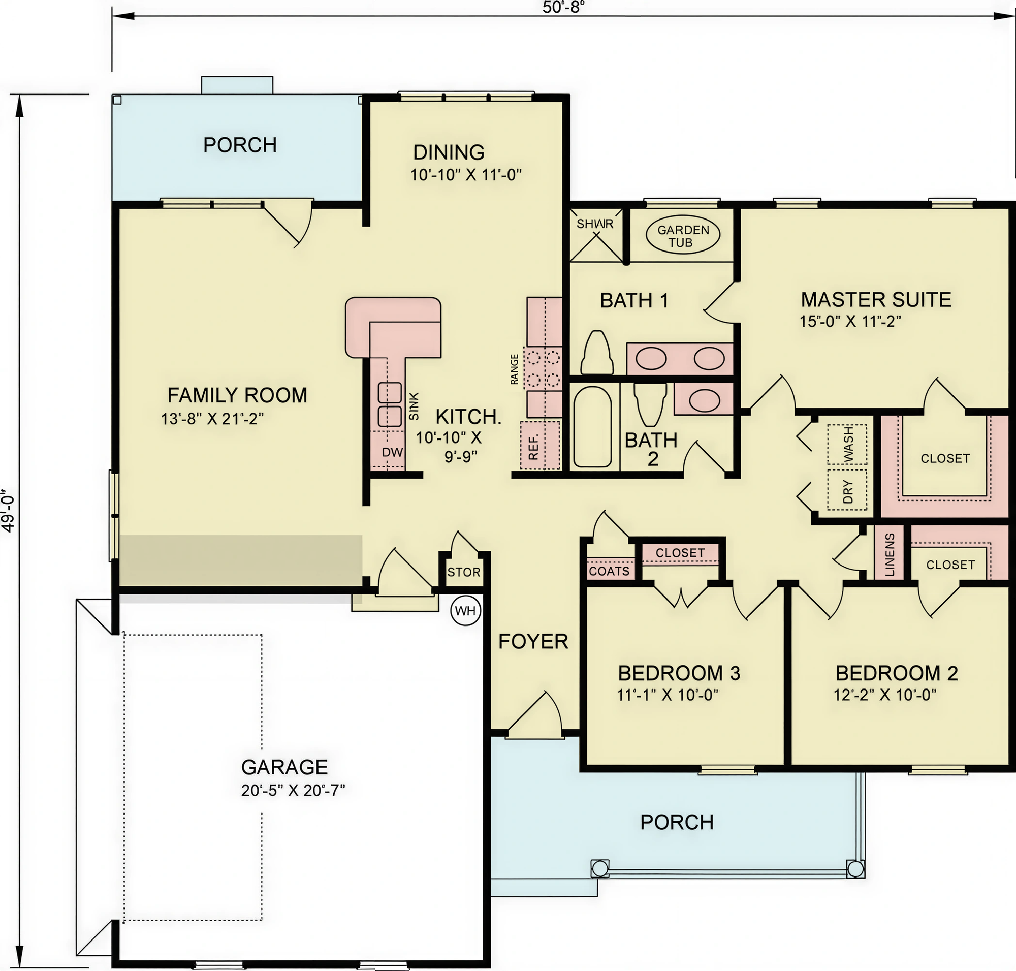 A8199-A Traditional House First Floor Plan, 3 Bedrooms, 2 Bathrooms | Summer House Plan
