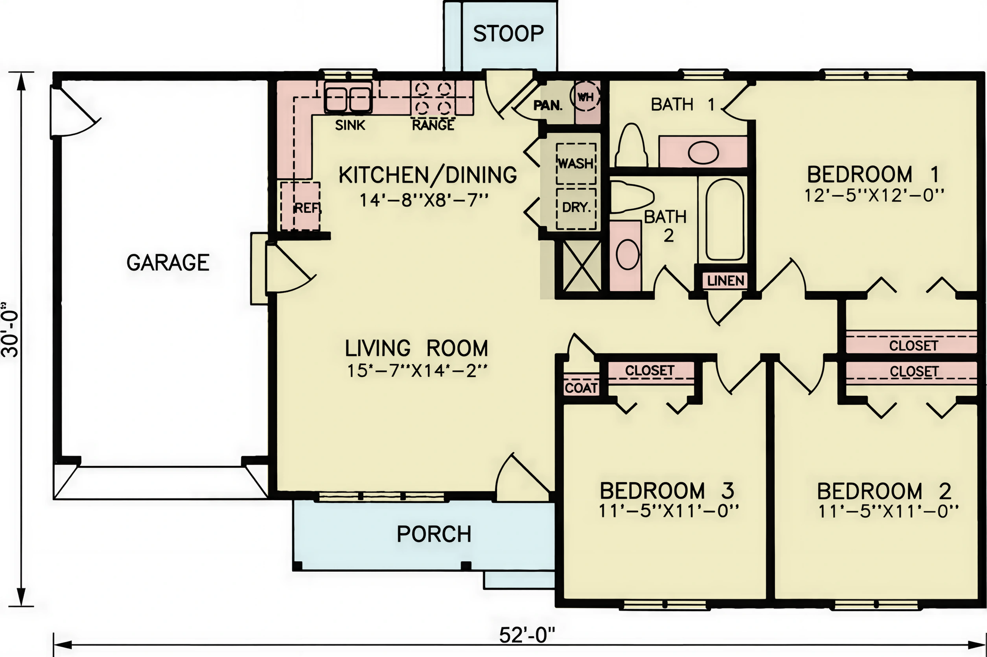 A8240-A Ranch House Floor Plan, 3 Bedrooms, 1.5 Bathrooms | Ethan House Plan