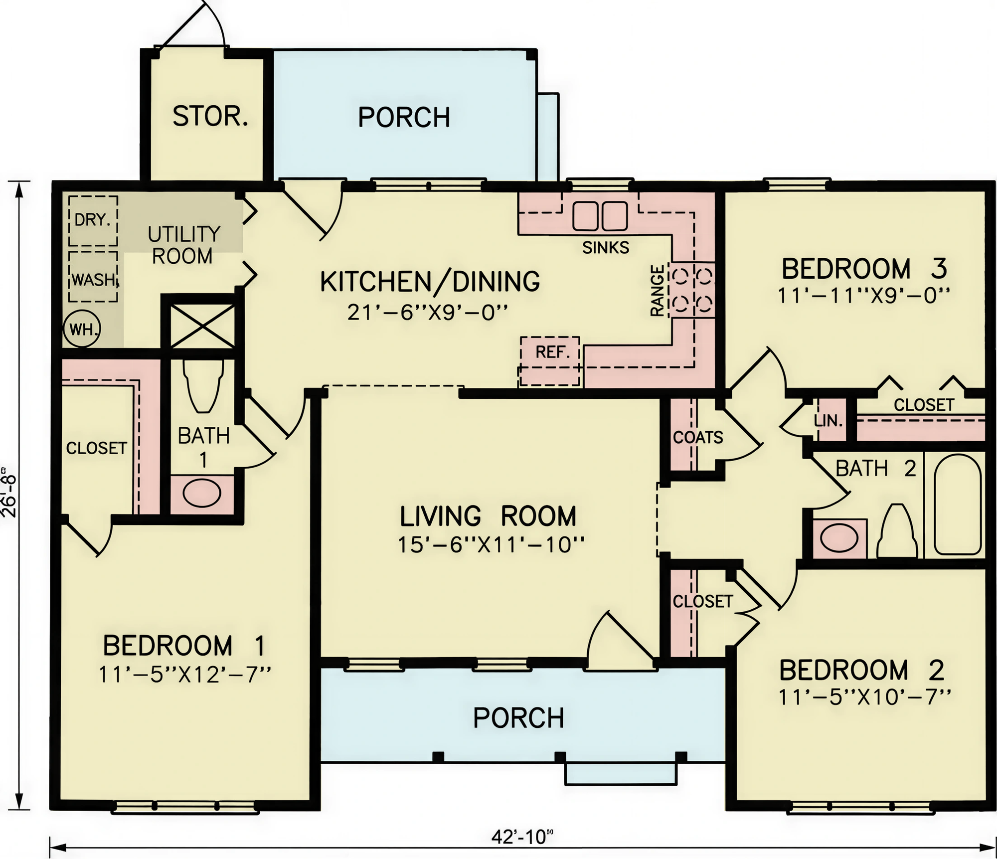 A8308-A Ranch House Floor Plan, 3 Bedrooms, 1 Bathroom, 1 Half Bathroom | Fallon House Plan