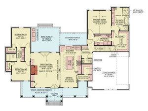 c593-a farmhouse house first floor plan, 3 bed, 2.5 bath | cottageville house plan