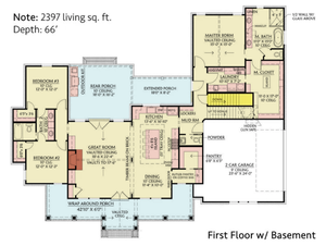 c593-a farmhouse house first floor with basement floor plan, 3 bed, 2.5 bath | cottageville house plan