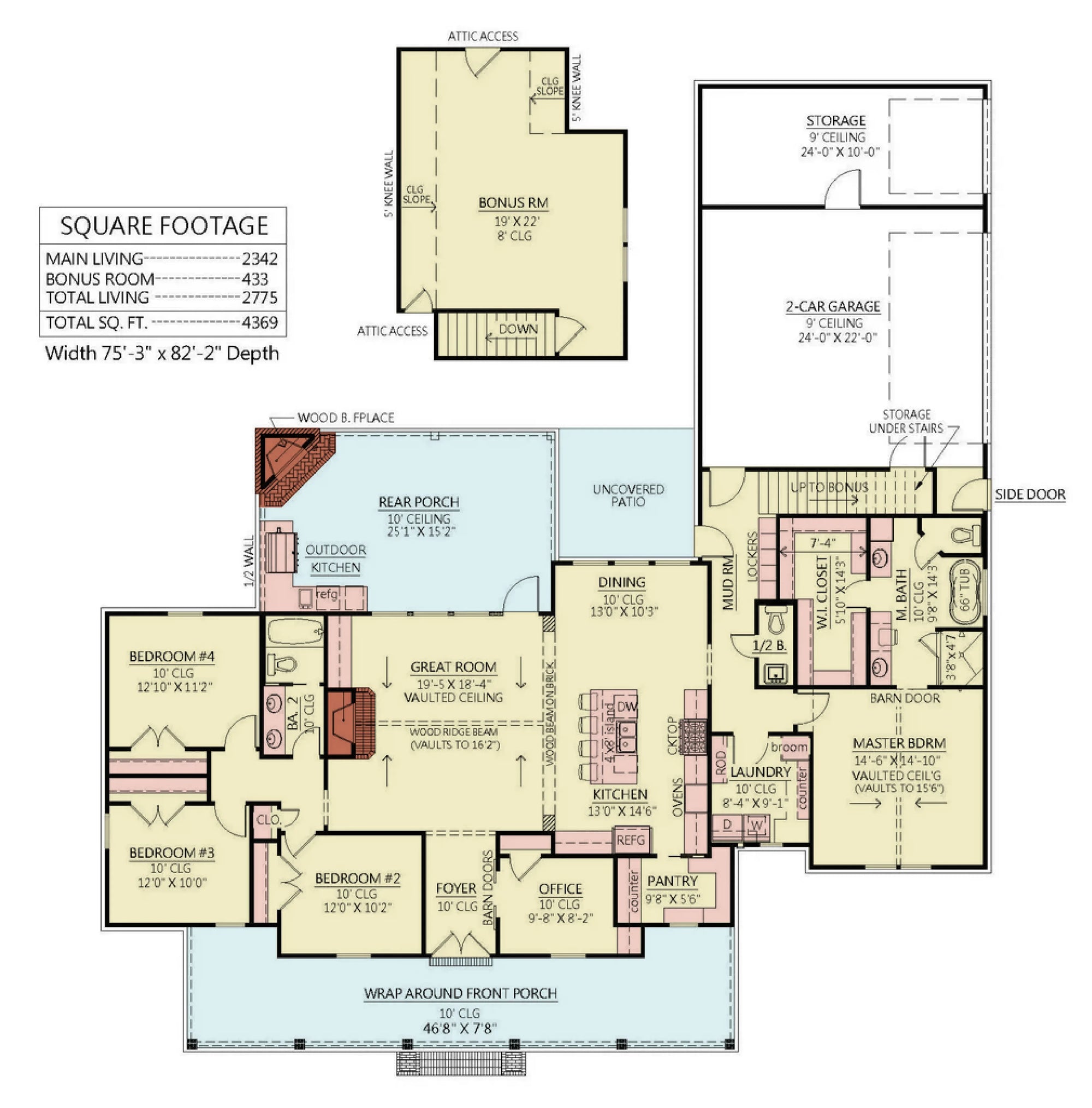 C616-A Farmhouse House with ATtic Access Floor Plan, 4 Bed, 2.5 Bath | Cherry Grove House Plan
