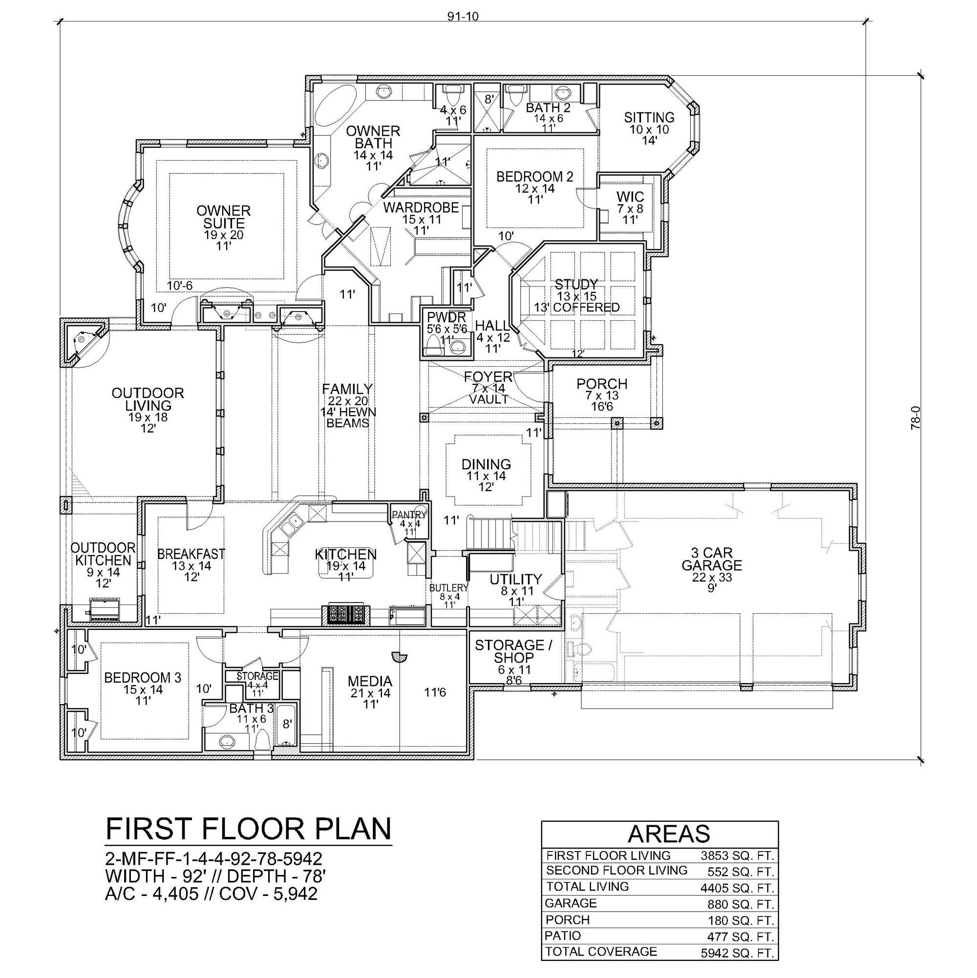 F8043-A Hill Country House First Floor Plan, 4 Bedrooms, 4.5 Bathrooms | Chantilly