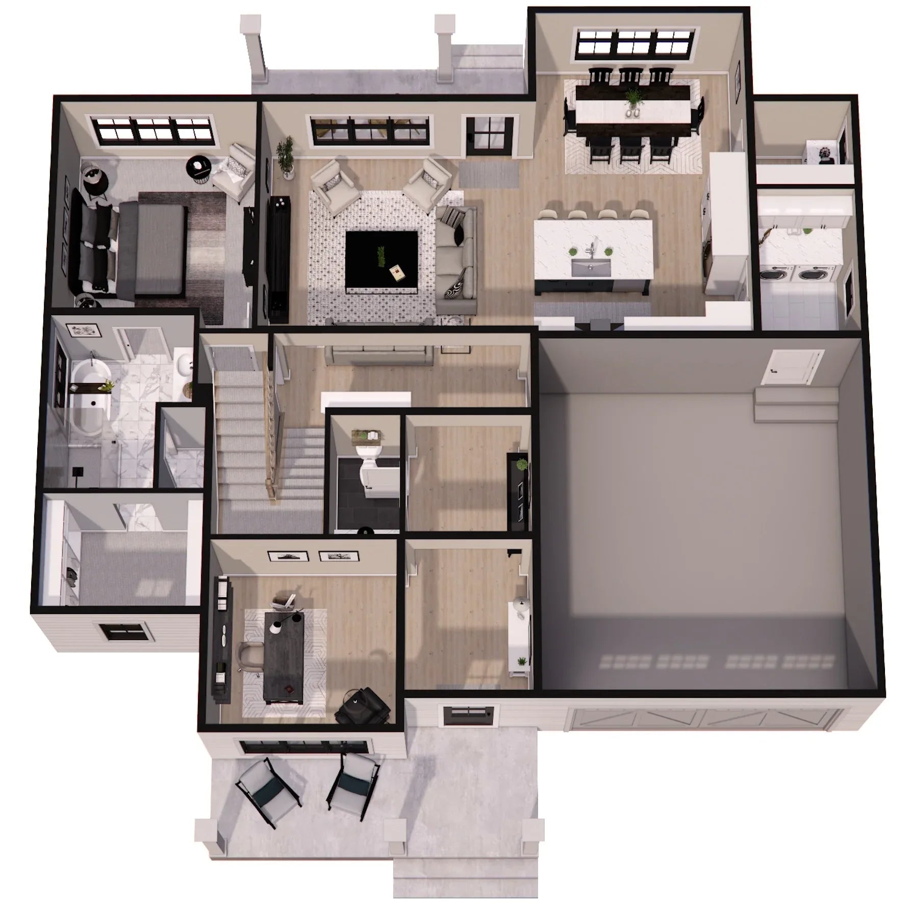 D7361-A Ridgewood House 3D First Floor Plan 4 Beds 3.5 Baths