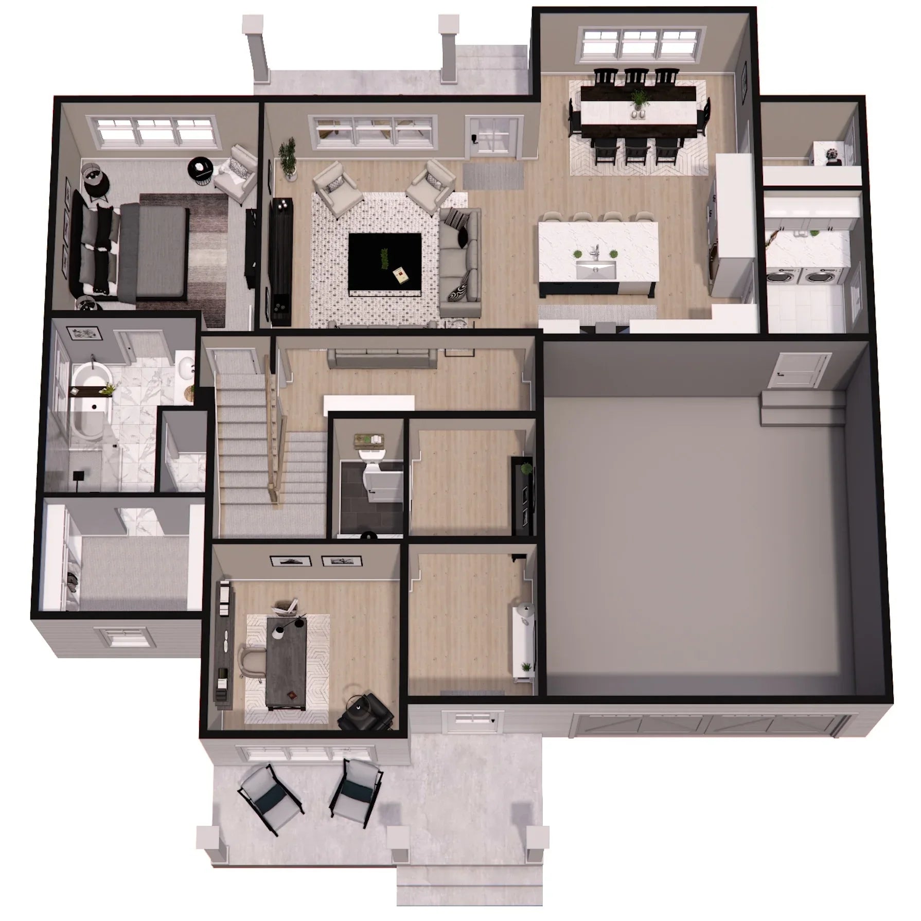 D7362-A Woodley House 3D First Floor Plan 4 Beds 3.5 Baths