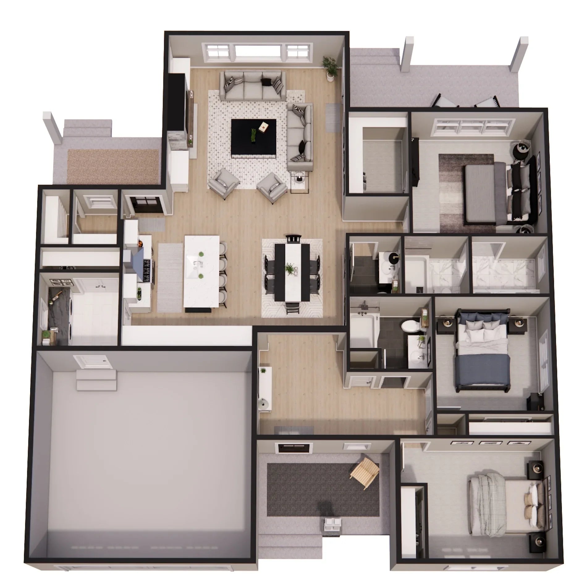 D7377-A Brewer House 3D First Floor Plan 3 Beds 2.5 Baths