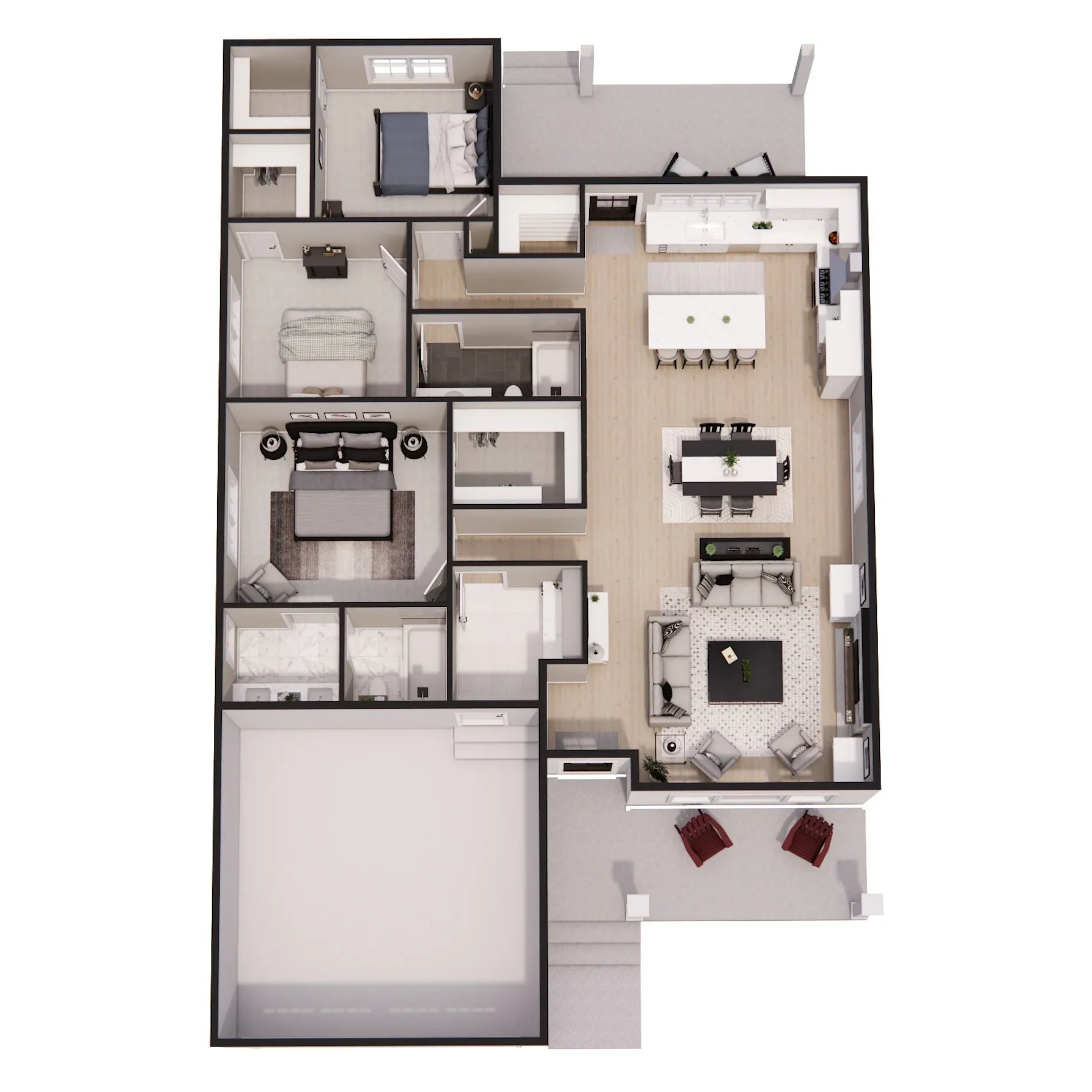 D7376-A Milford House 3D First Floor Plan 3 Beds 2 Baths