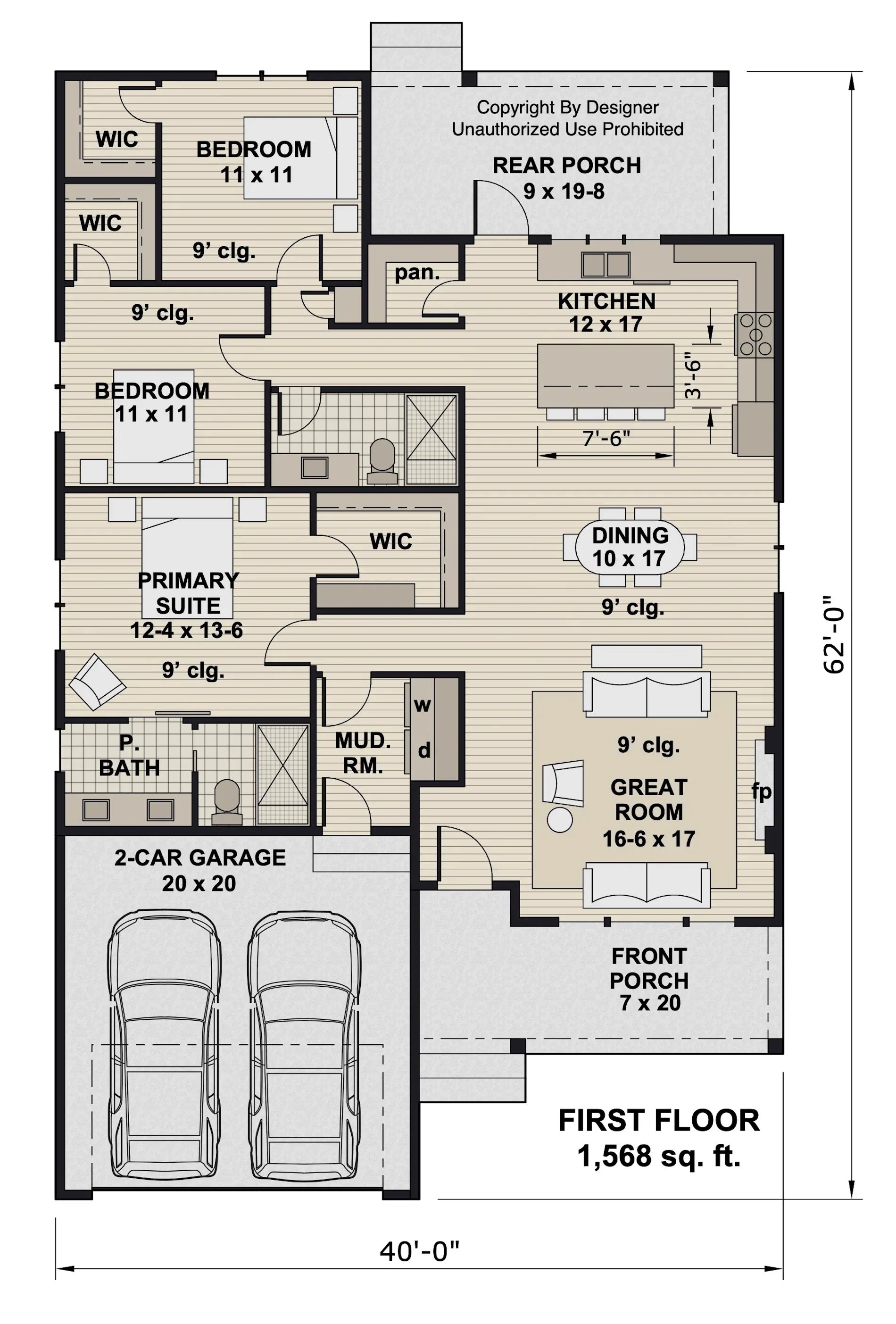 D7376-A Milford House First Floor Plan 3 Beds 2 Baths