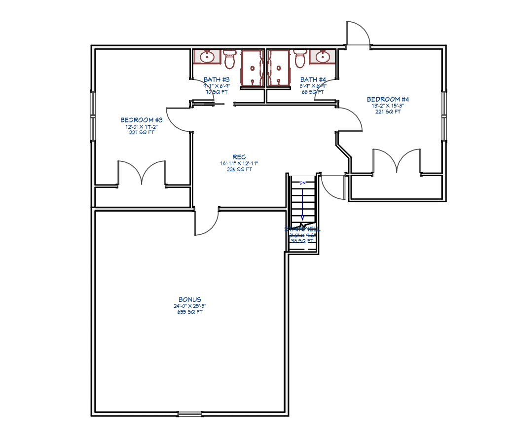 AQ8048-A Modern Farmhouse Second Floor Plan, 4 Bedrooms, 4.5 Bathrooms | Canaday House