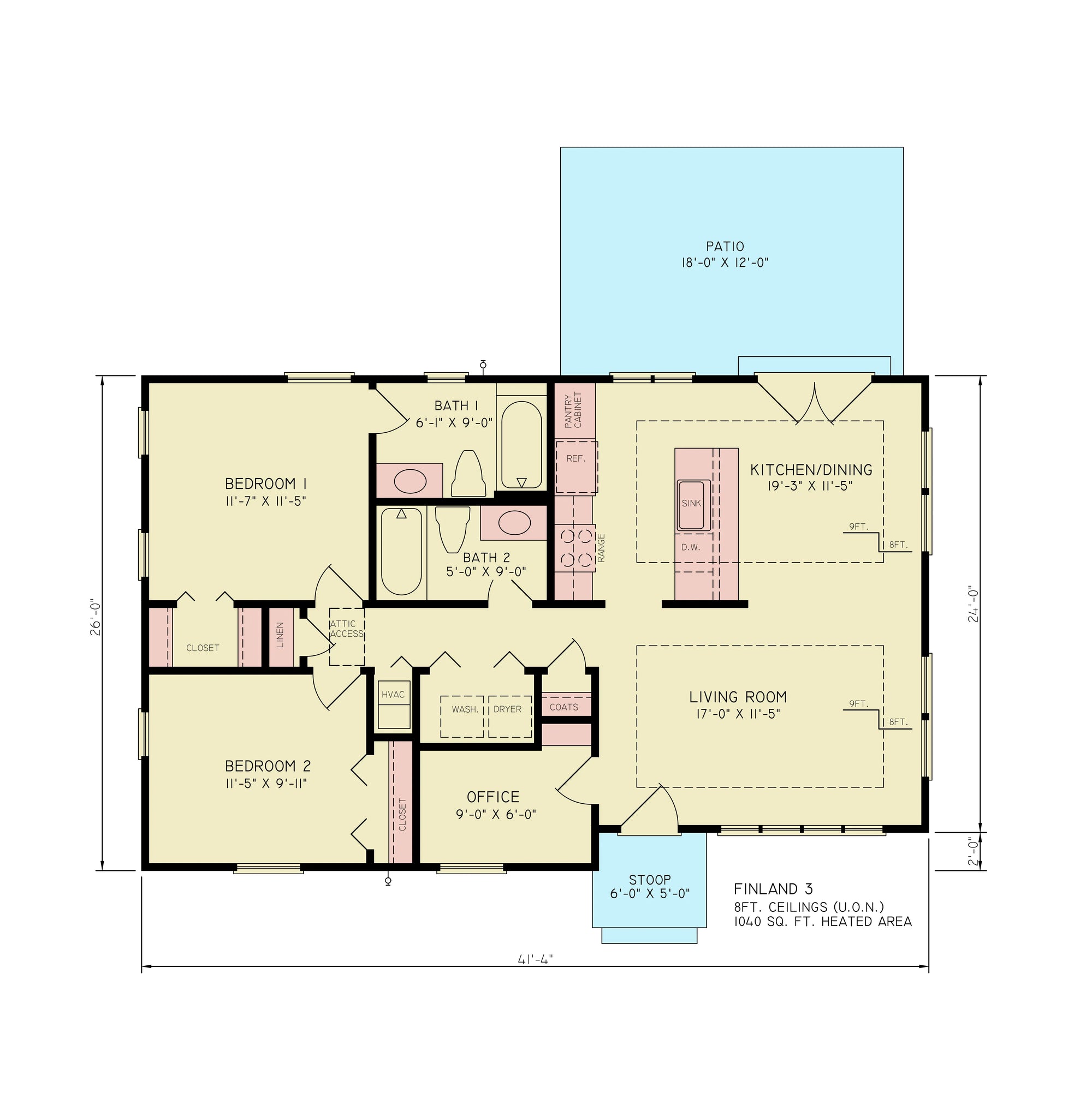 A7388-A Finland House floor Plan, 2 Bedrooms, 2 Baths