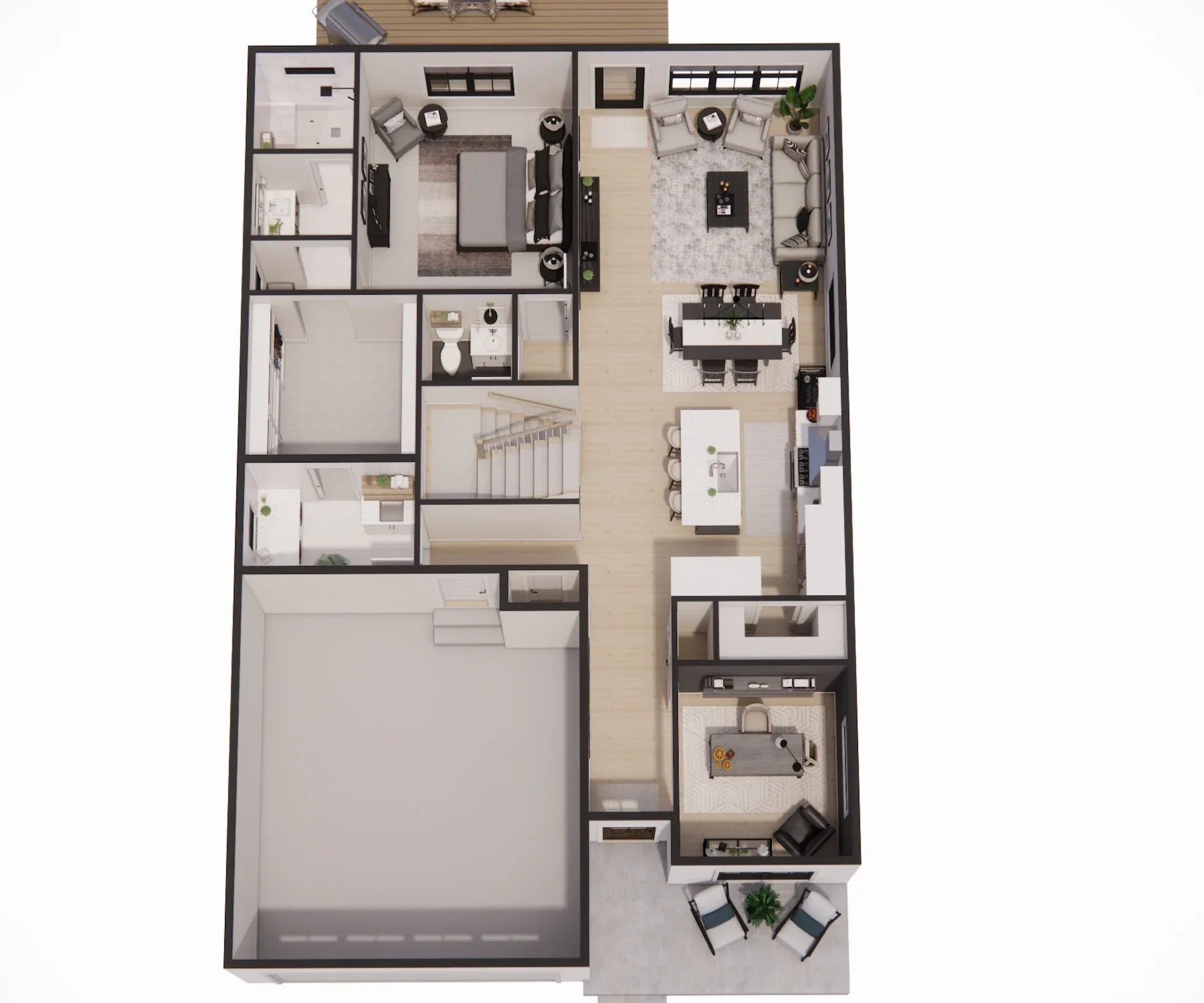 D7364-A Hagwood House 3D First Floor Plan 3 Beds 2.5 Baths