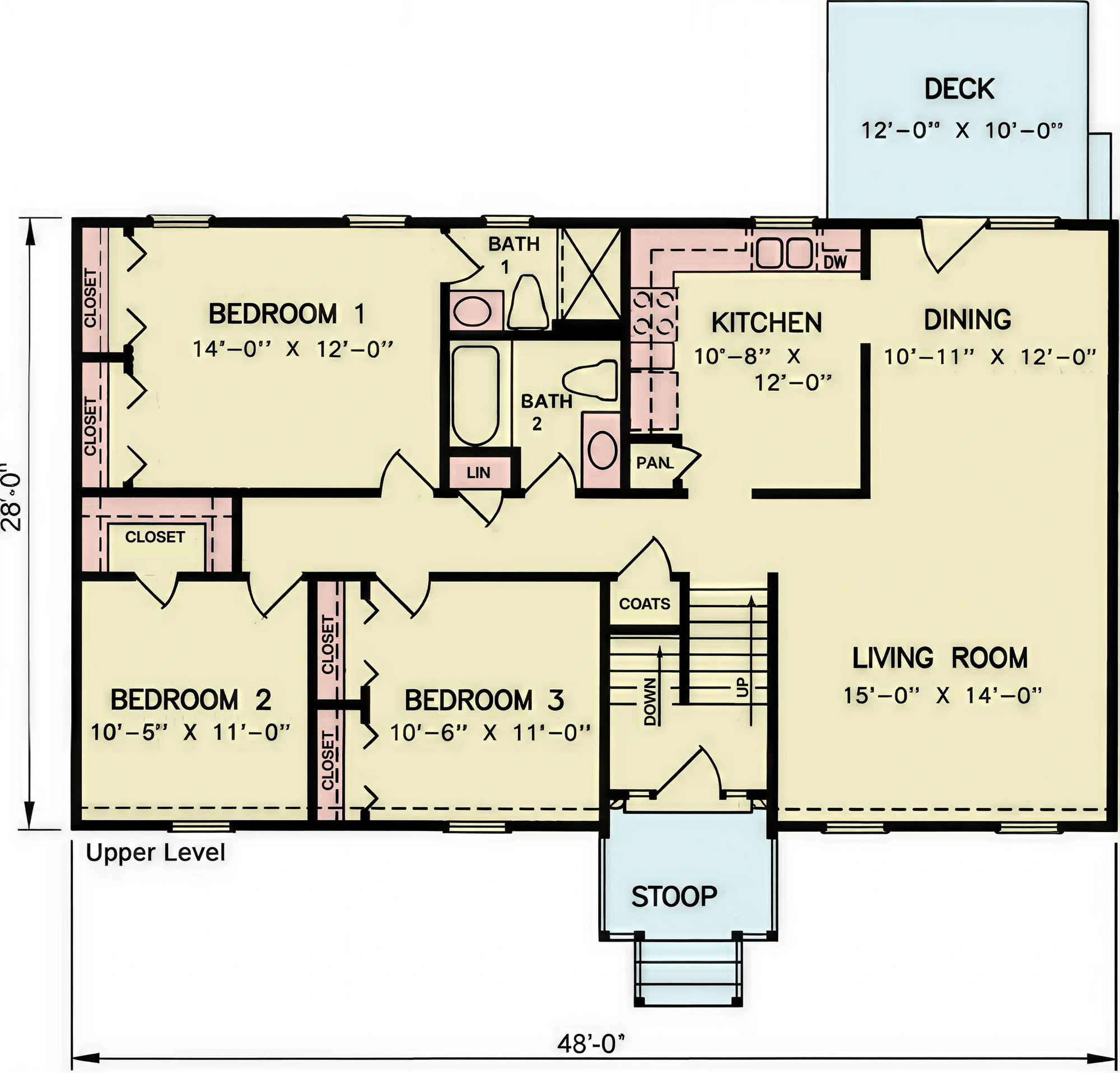 A8205-A Traditional House First Floor Plan, 3 Bedrooms, 2 Bathrooms | Camelot House Plan
