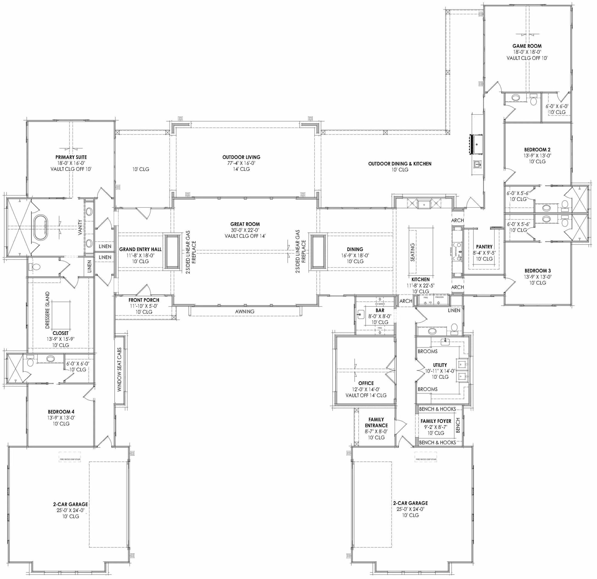 R7312-A LG180 House First Floor Plan| 4 Bedrooms, 4 Bathrooms, 2 Half Bathrooms
