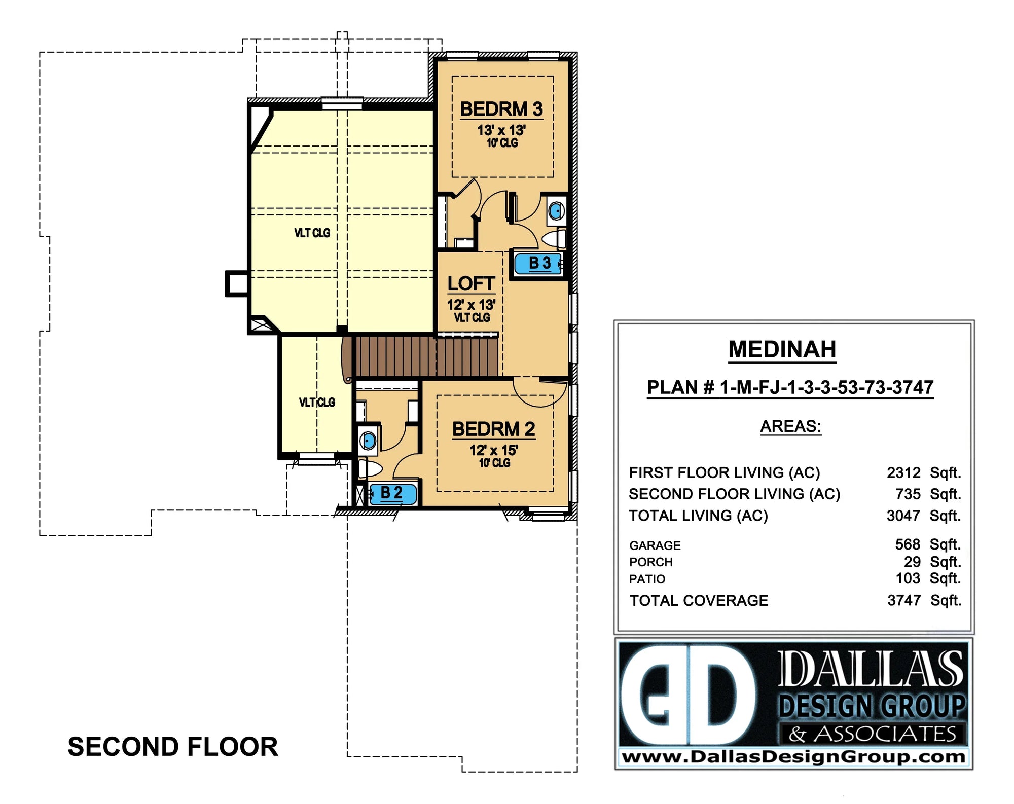 F7577-A Traditional House Second Floor Plan, 3 Bedroom, 3.5 Bathrooms | Medinah House