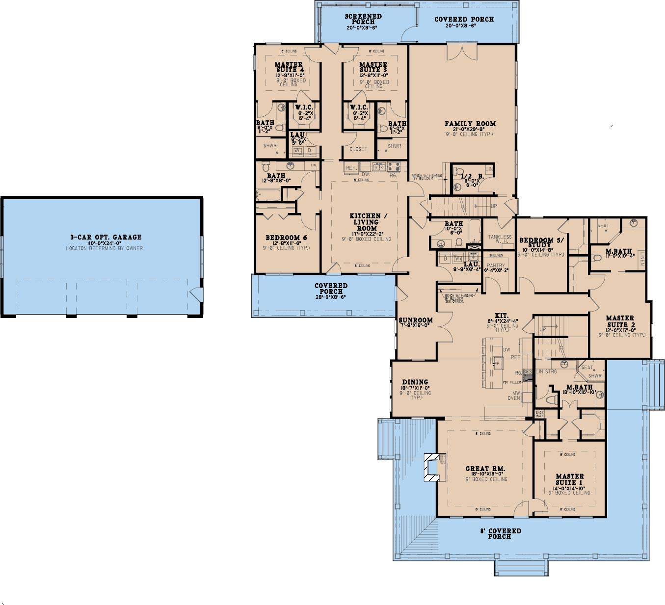 AE7828-A Farmhouse House First Floor Plan, 6 Bedrooms, 6.5 Bathrooms | Heartland Farm
