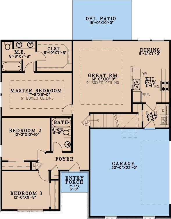AE8406-A Traditional House First Floor Plan, 3 Bedrooms, 2 Bathrooms | Hunnington Place House Plan