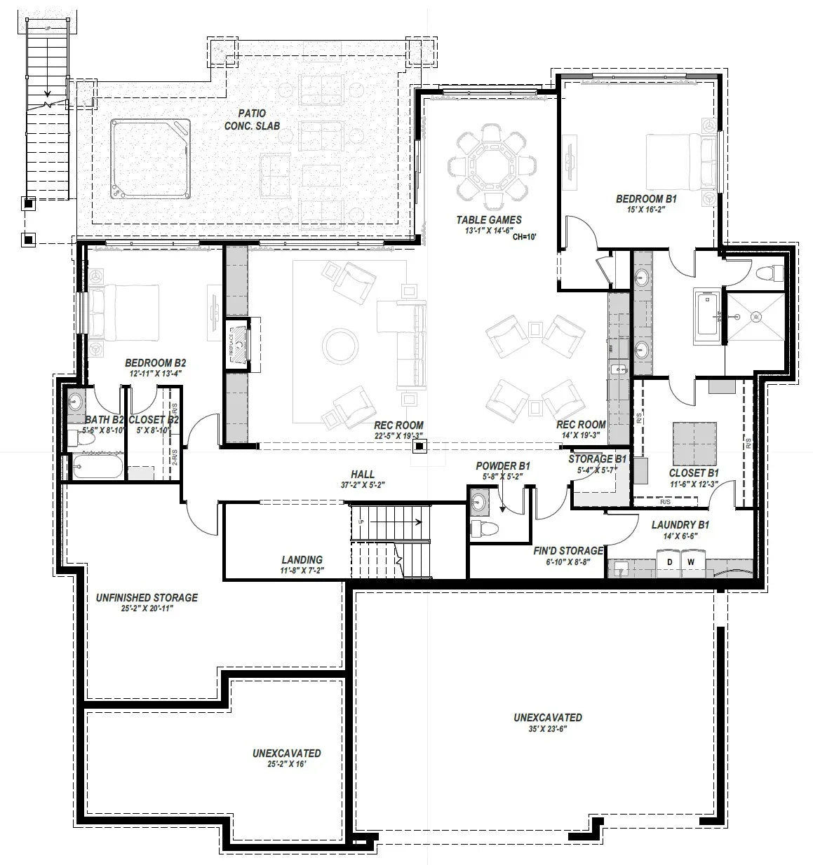 W7590-A Mountain House Basement Floor Plan, 3-5 Bedrooms, 3.5-5.5 Bathrooms | USA-2973-MT