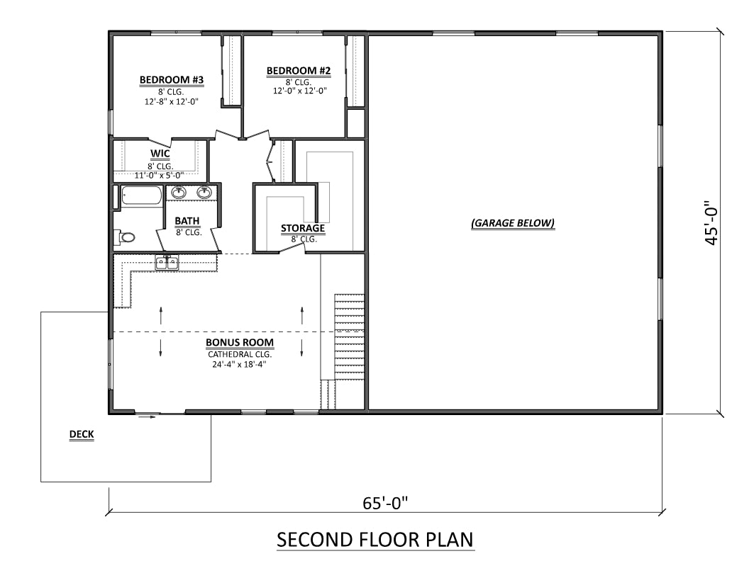 AJ7694-A Barndominium House Second Floor Plan, 3 Bedrooms, 2.5 Bathrooms | Plan 1036