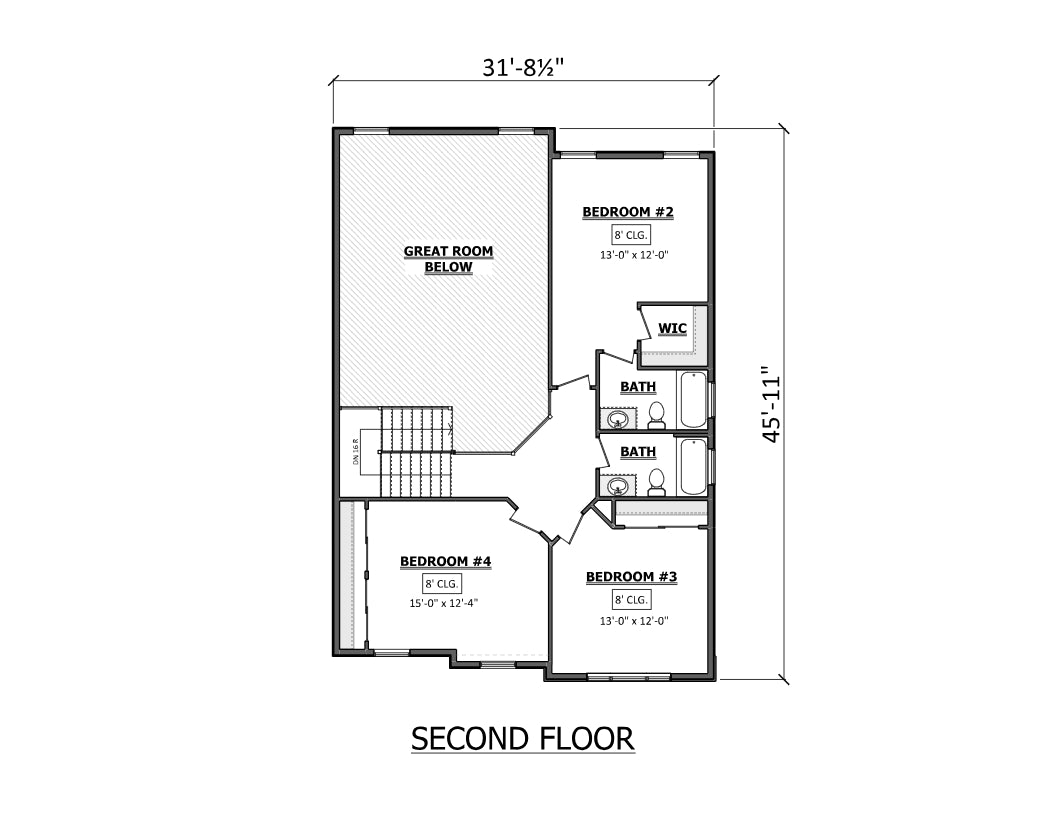 AJ7701-A Traditional House Second Floor Plan, 4 Bedrooms, 3.5 Bathrooms | Plan 1045