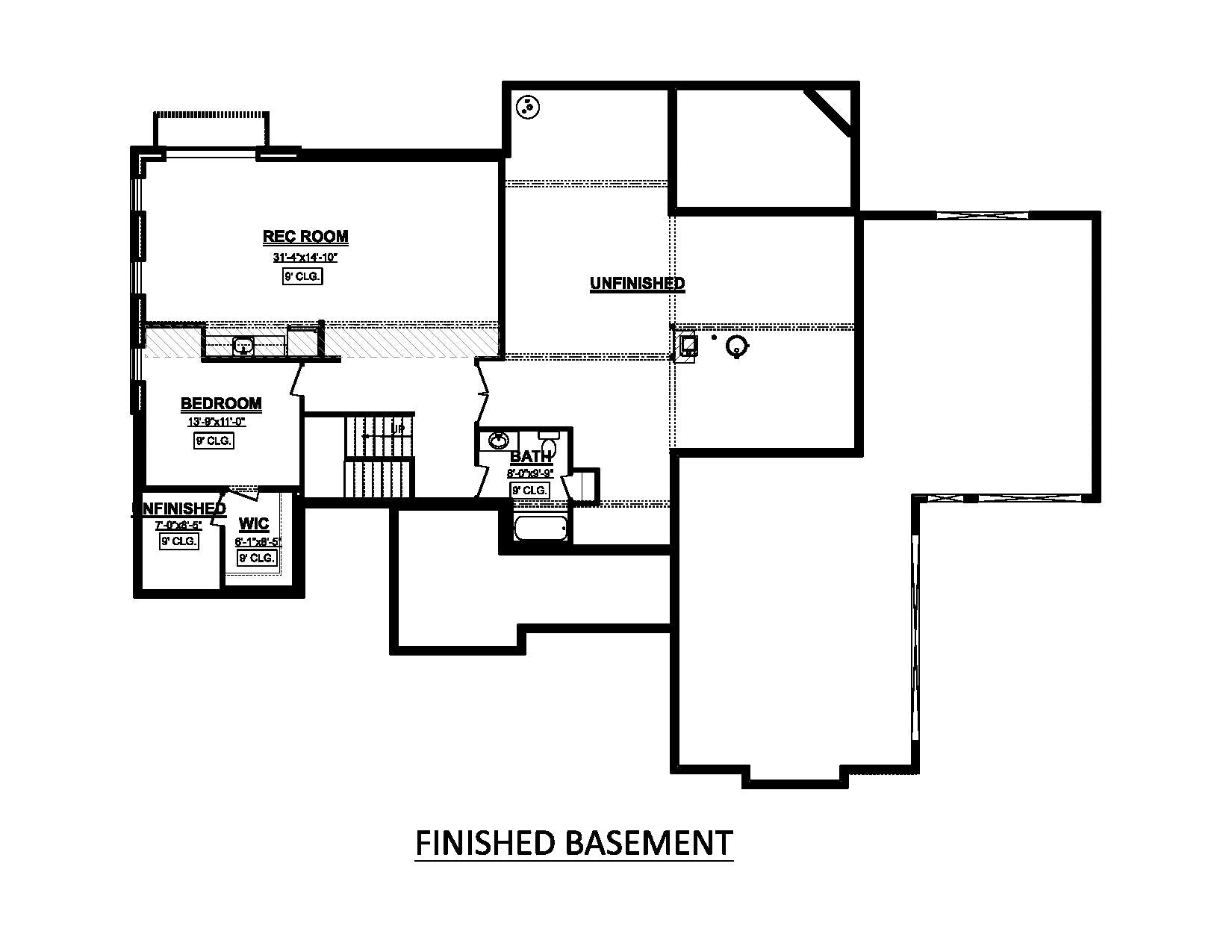 AJ7691-A Country House Basement Floor Plan, 3 Bedrooms, 2.5 Bathrooms | Plan 1021